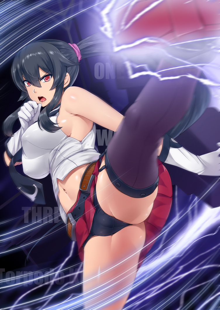 1girls asymmetrical_legwear black_hair black_legwear black_panties black_underwear breasts cameltoe clothing darkmaya female gameplay_mechanics gloves kantai_collection kicking large_breasts lingerie long_hair midriff navel necktie open_mouth panchira panties pantsu pantyshot_(kicking) pleated_skirt red_eyes red_skirt roundhouse_kick school_uniform serafuku sidelocks single_thighhigh skirt sleeveless solo thighhighs underwear white_gloves yahagi_(kantai_collection)