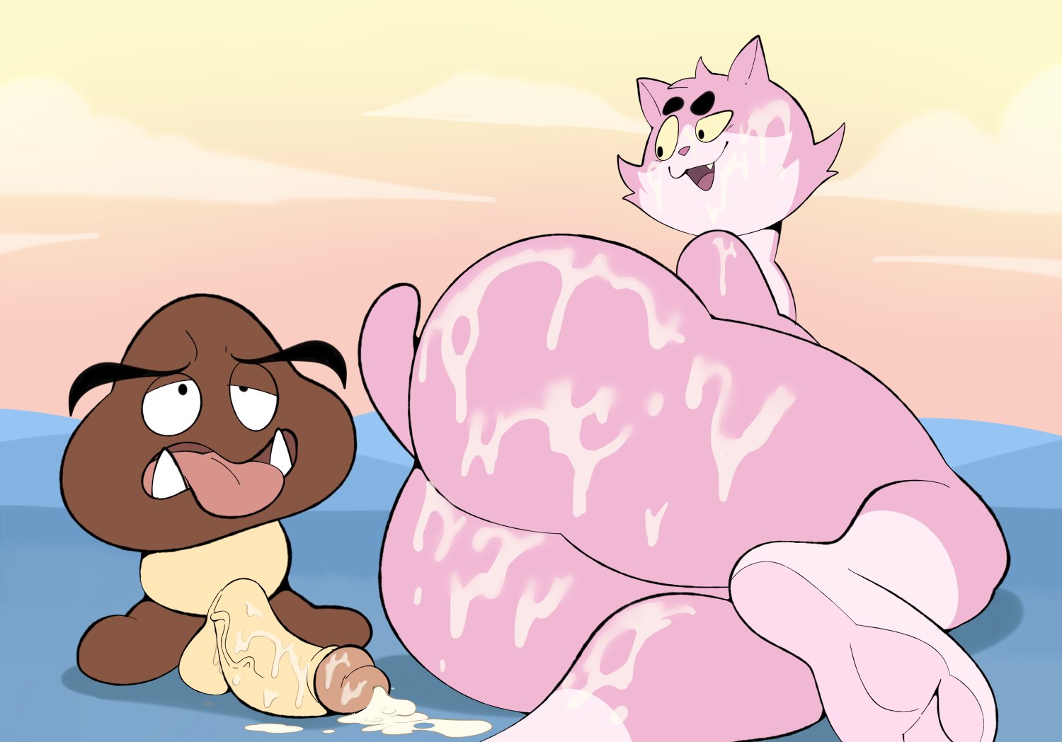 2021, after sex, anthro, ass, balls, bfad, big ass, big butt, bodily fluids, cum, digital drawing (artwork), digital media (artwork), duo, ejaculation, eroborus, eroboss, excessive cum, fangs, felid, feline, fur, genital fluids, genitals, goomba, hair, looking back, lying, male, male only, male/male, mammal, mario (series), nintendo, nude, on side, orgasm face, penis, pink body, pink fur, raised tail, roz, simple background, size difference, smile, tail, thick thighs, tongue, tongue out, video games