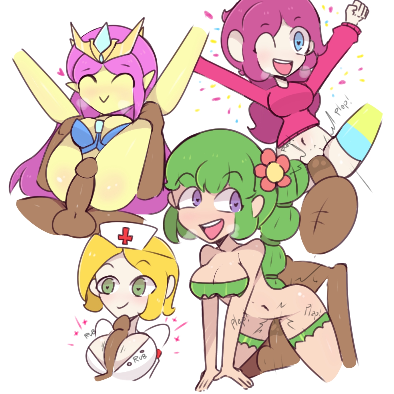 4girls, ass, assjob, balls, black balls, blonde hair, blue eyes, breasts, buttjob, closed eyes, crown, dark skin, dark-skinned male, disembodied penis, dryad (terraria), empress of light, faceless male, fairy, female, flower in hair, frostone, grabbing legs, green eyes, green hair, heart-shaped pupils, heavy breathing, interracial, legs held open, male, monster girl, nurse (terraria), open mouth, paizuri, party girl (terraria), penetration, penile penetration, penis, penis in pussy, pigtail, pink hair, plap (sound), purple eyes, pussy, reverse suspended congress, rubbing, shiny ass, shiny skin, short hair, simple background, smile, spread legs, straight, terraria, tights, vagina, vaginal, vaginal penetration, vaginal sex, white background, winking at viewer, yellow skin