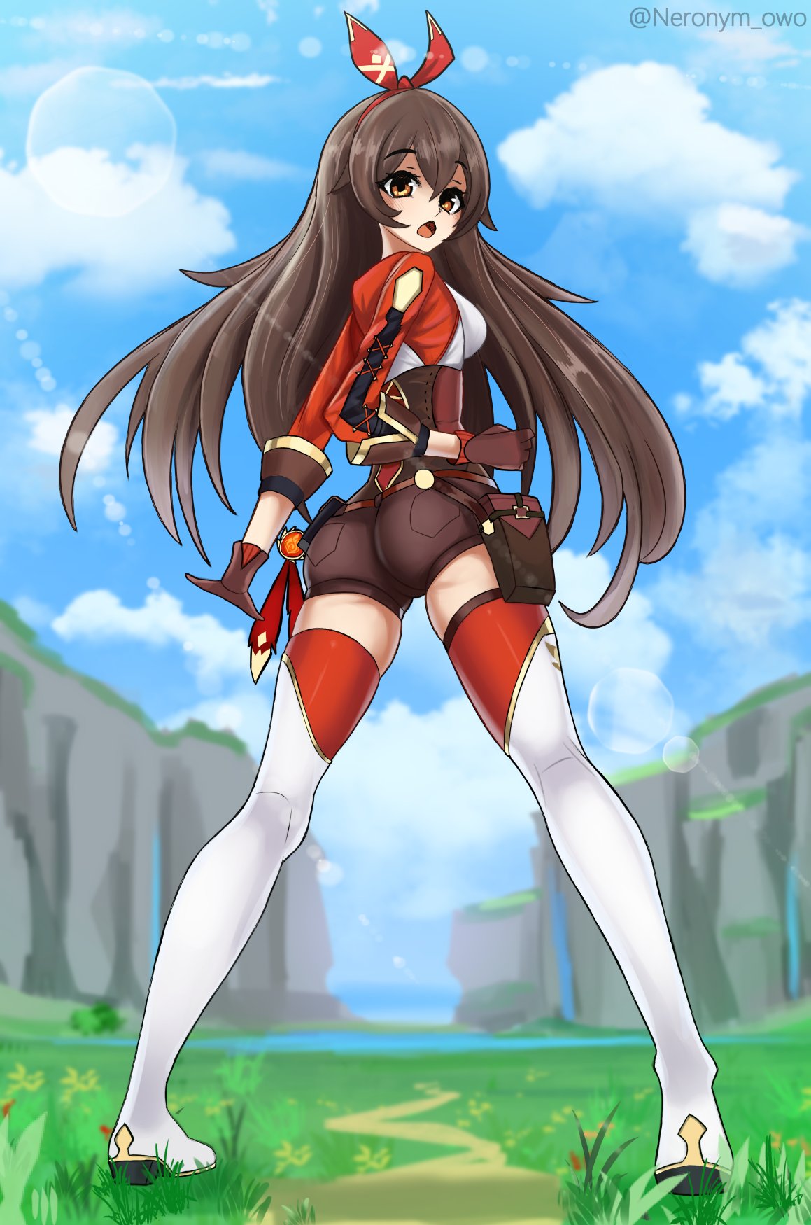 1girls, amber (genshin impact), boots, brown hair, female, genshin impact, long hair, neronym owo, solo