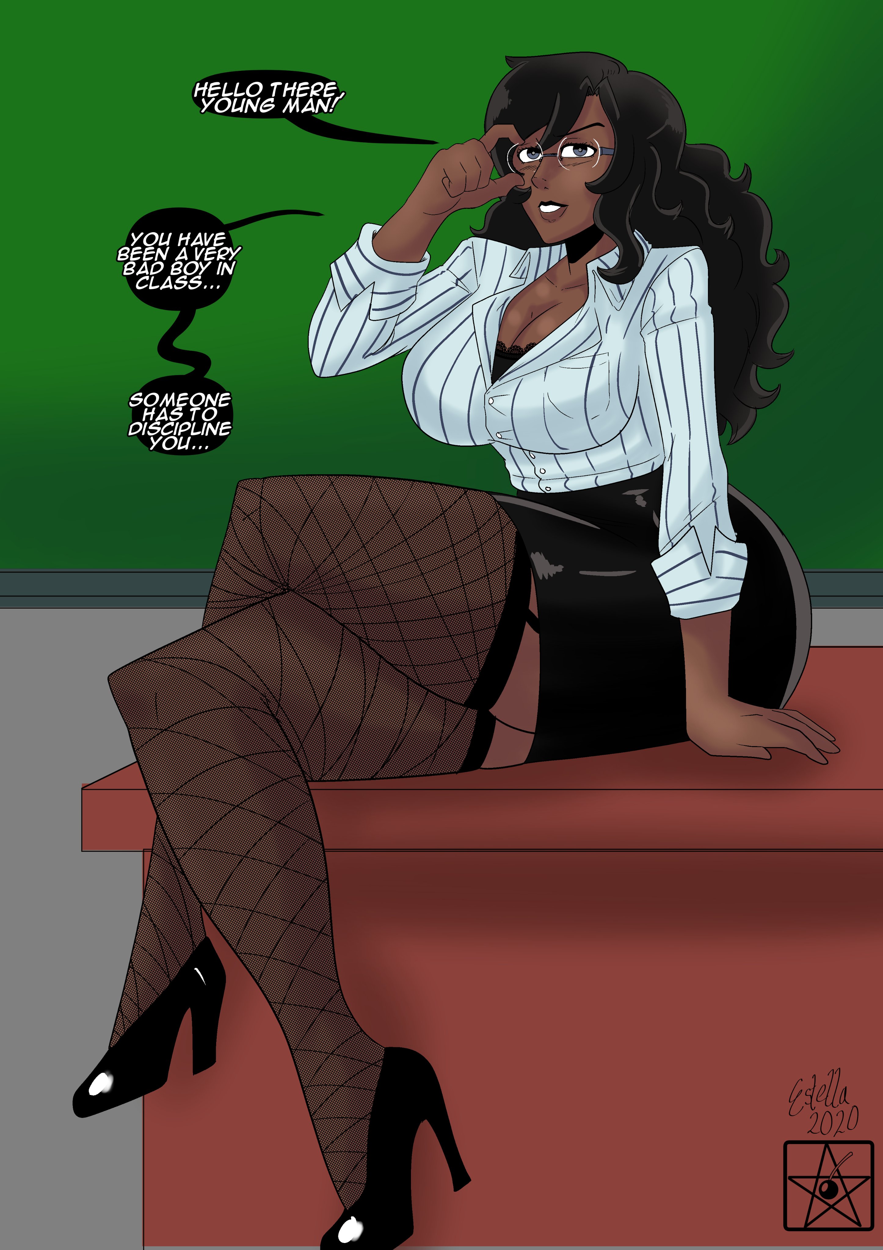 1girls, ass, big ass, big breasts, big butt, breasts, curly hair, curvy, dark skin, dark-skinned female, english text, estella comics, female, female focus, female only, fishnets, galilea vazquez, glasses, high heels, looking at viewer, mannyestella, mrestella, neckline, oc, original, original character, skirt, solo female, speech bubble, talking to viewer, teacher, teacher outfit, text, text bubble, thick thighs, tight clothing, tights