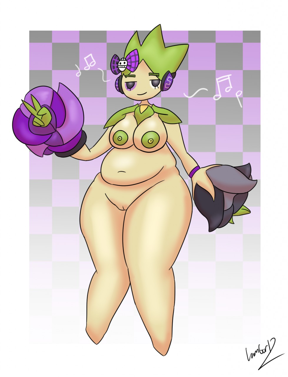 anthro anthrofied breasts chubby_female fan_character female genitals green_body hambor12 headphones hi_res multicolored_body nintendo nipples plant pokémon_(species) pokémorph pokemon pussy roselia simple_background slightly_chubby smile solo two_tone_body video_games white_body