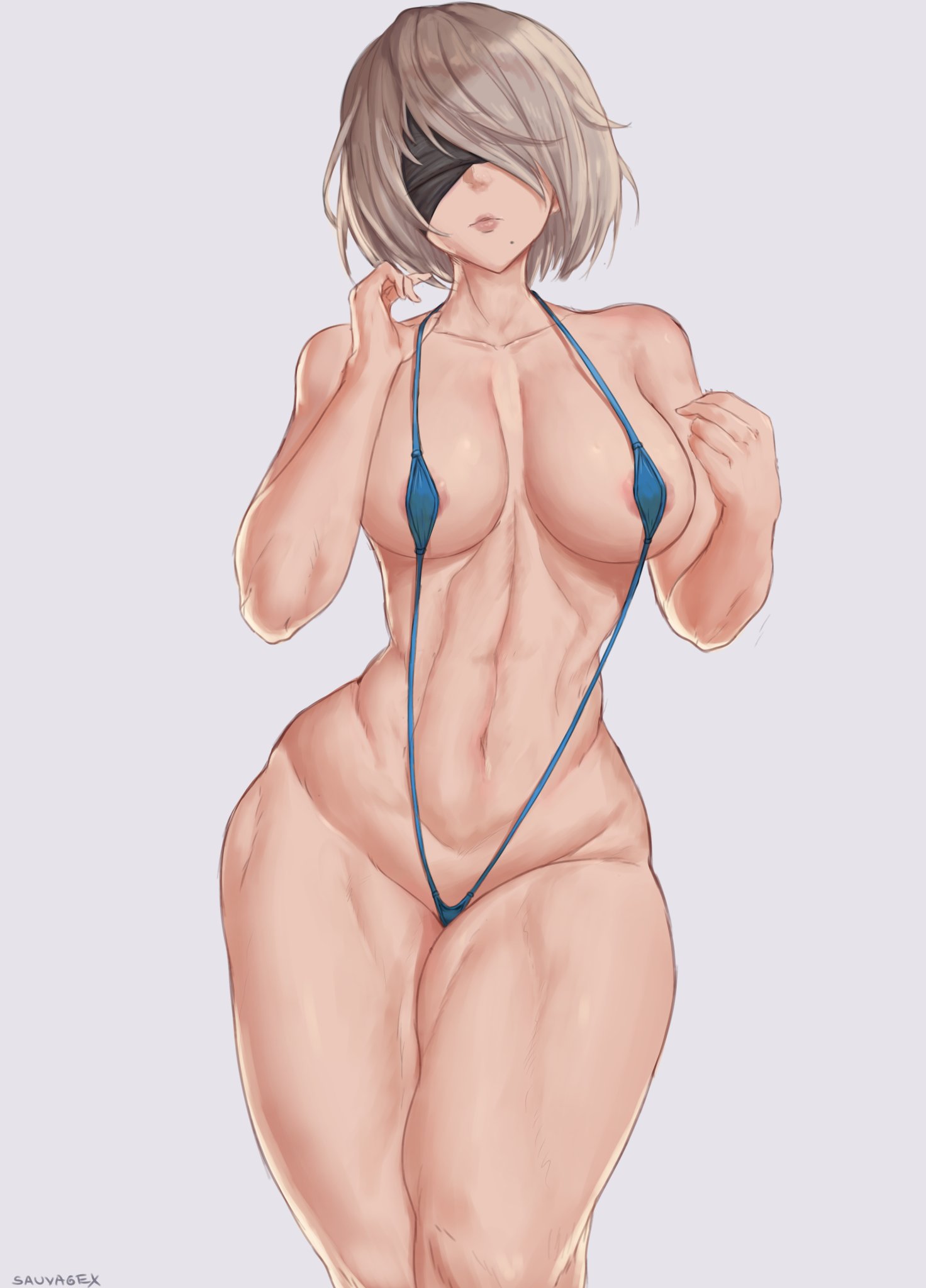 1girls, abs, big breasts, bikini, blindfold, breasts, cutesexyrobutts (style), female, nier, nier (series), nier: automata, oroborusart, savagexthicc, short hair, solo, standing, thick thighs, thighs, white background, white hair, yorha 2b