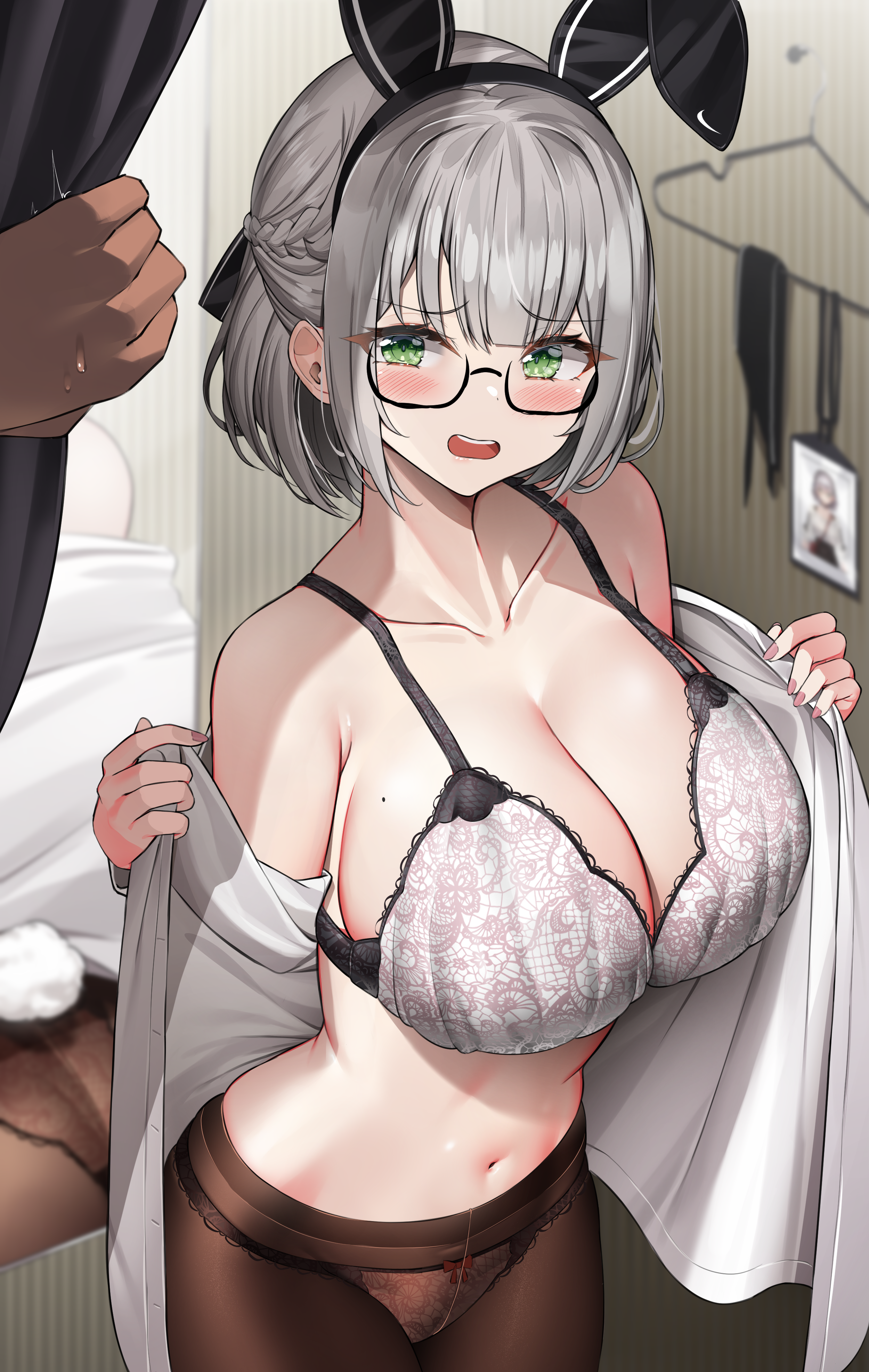 1boy, 1girls, 2021, beauty mark, belly button, big breasts, blush, blushing profusely, bra, breasts, bunny ears, changing room, chin length hair, cleavage, detailed background, embarrassed, fake animal ears, female, female focus, glasses, green eyes, hi res, hololive, hololive fantasy, hololive japan, huge breasts, kuse (0201), lace-trimmed bra, large breasts, looking at viewer, male, male pov, mole on breast, mostly clothed, open mouth, panties, panties under pantyhose, pantyhose, pov, shirogane noel, short hair, shy, underwear, undressing, virtual youtuber, white bra, white hair, white shirt, youtube, youtuber