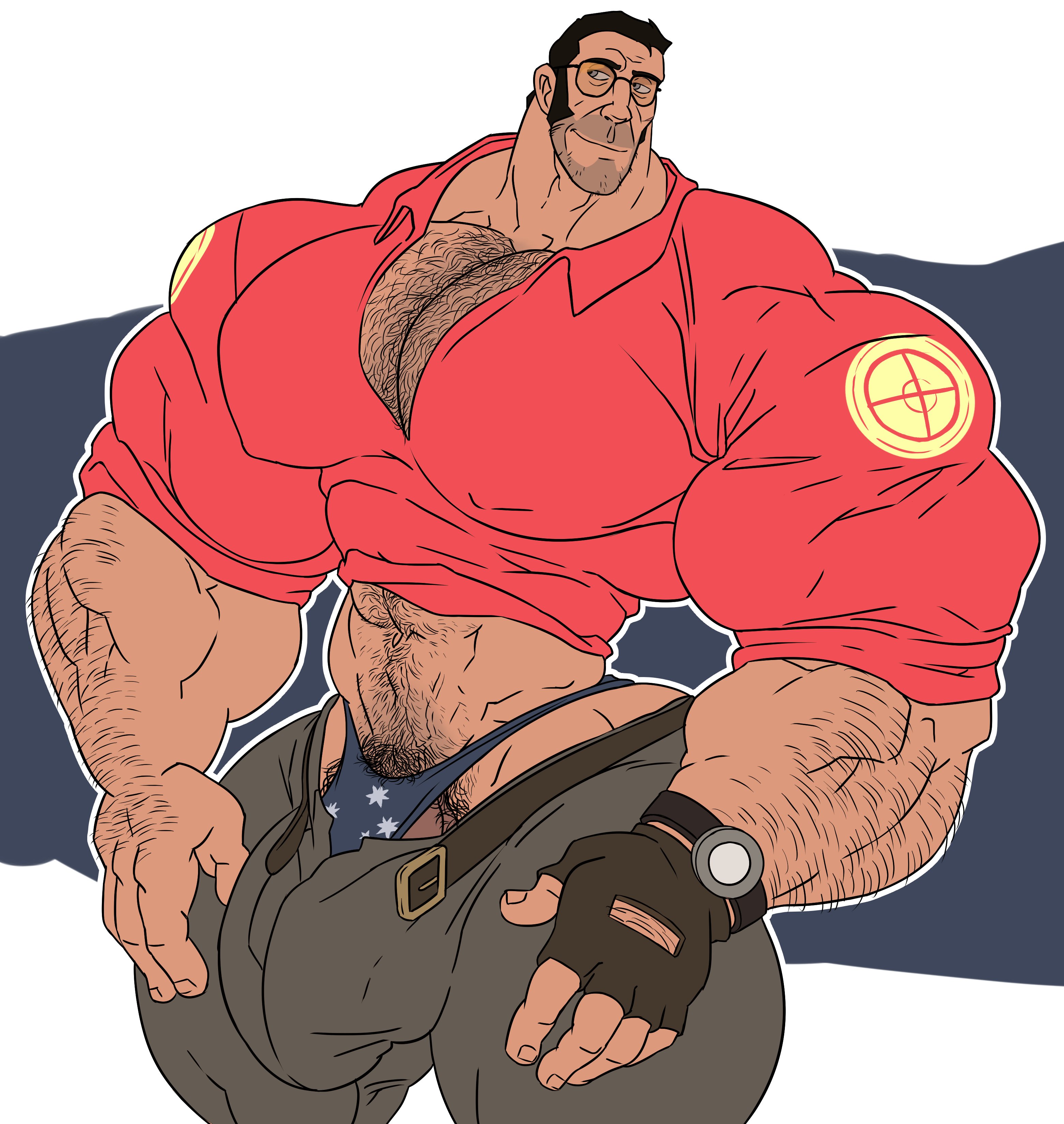 abs, arm hair, bara, biceps, big bulge, black hair, body hair, bulge, chest hair, facial hair, flaccid, hairy, hairy arms, hairy chest, hands on legs, hands on thighs, human, male, male focus, male only, muscles, muscular, muscular back, muscular legs, muscular male, muscular thighs, nipple bulge, nipples, pants open, penis, pubic hair, remert, smile, sniper (team fortress 2), solo, solo male, team fortress 2, thong, tight clothing, yaoi