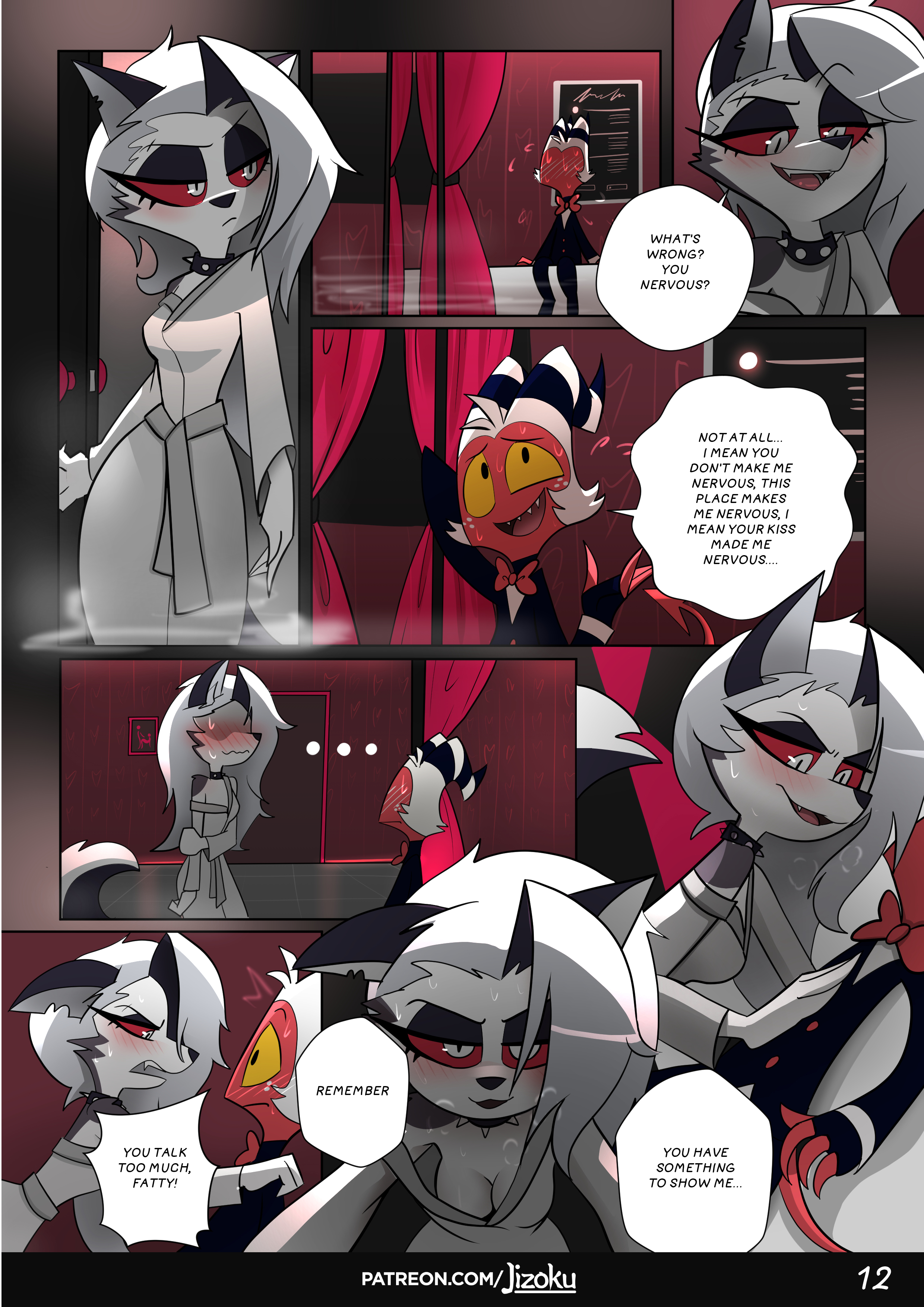 2021, absurd res, anthro, blush, breasts, canid, canid demon, canine, cleavage, clothed, clothing, comic, demon, demon humanoid, duo, english text, female, fur, grey body, grey fur, hair, hellhound, helluva boss, hi res, humanoid, imp, jizoku, loona (helluva boss), male, male/female, mammal, moxxie (helluva boss), multicolored body, multicolored fur, naked robe, off shoulder, open mouth, page 12, patreon username, robe, robe only, speech bubble, text, tongue, white body, white fur, white hair, wolf