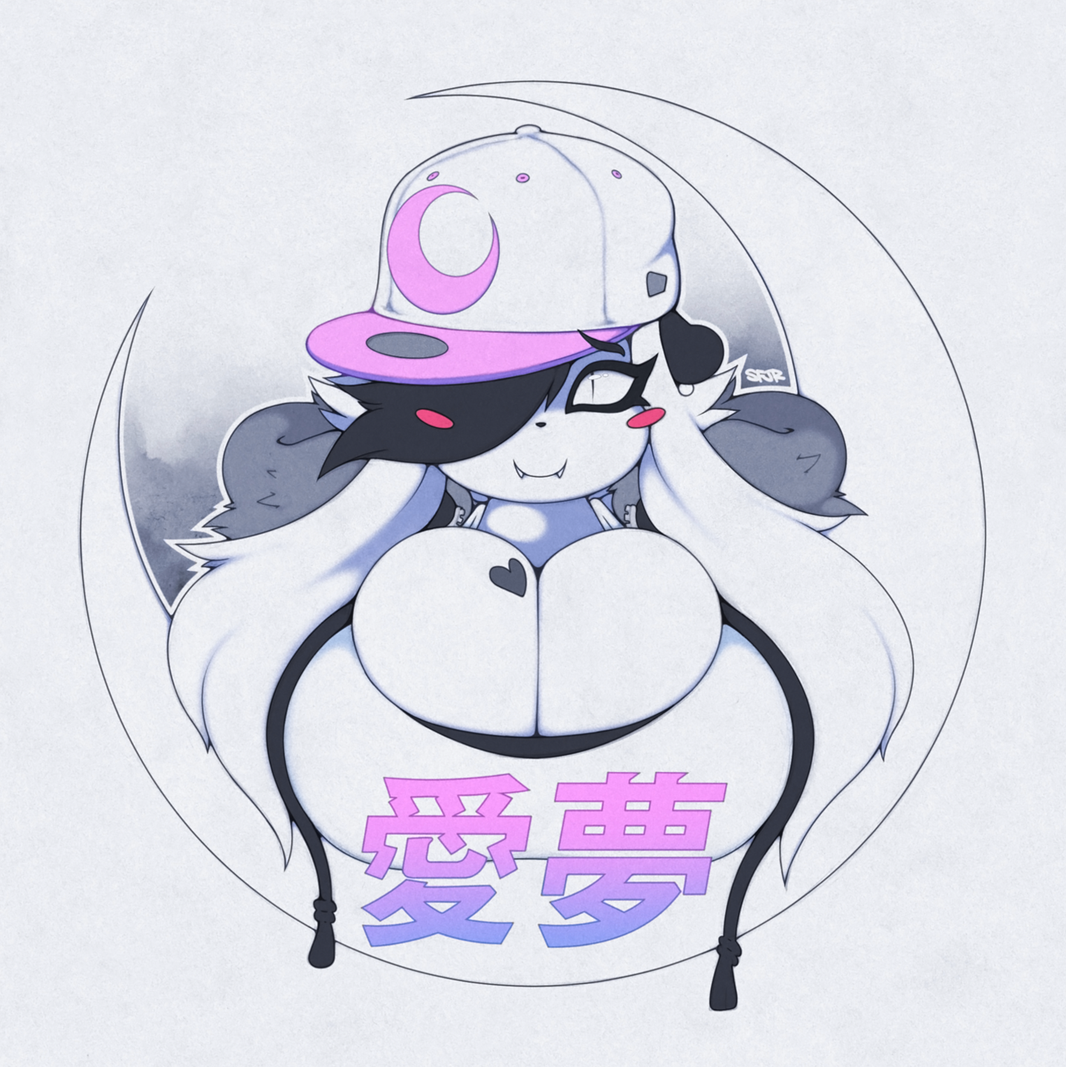 anthro, bear, big breasts, blush, blush stickers, breasts, bulging breasts, cleavage, cleavage overflow, clothed, clothing, coat, eyewear, fangs, female, giant panda, hair, hat, headgear, headwear, hi res, hood, hoodie, huge breasts, japanese text, kanji, luna paws, mammal, moon, pupils, simple background, slightly chubby, slit pupils, smutbunny, solo, streetwear, text, topwear, ursid