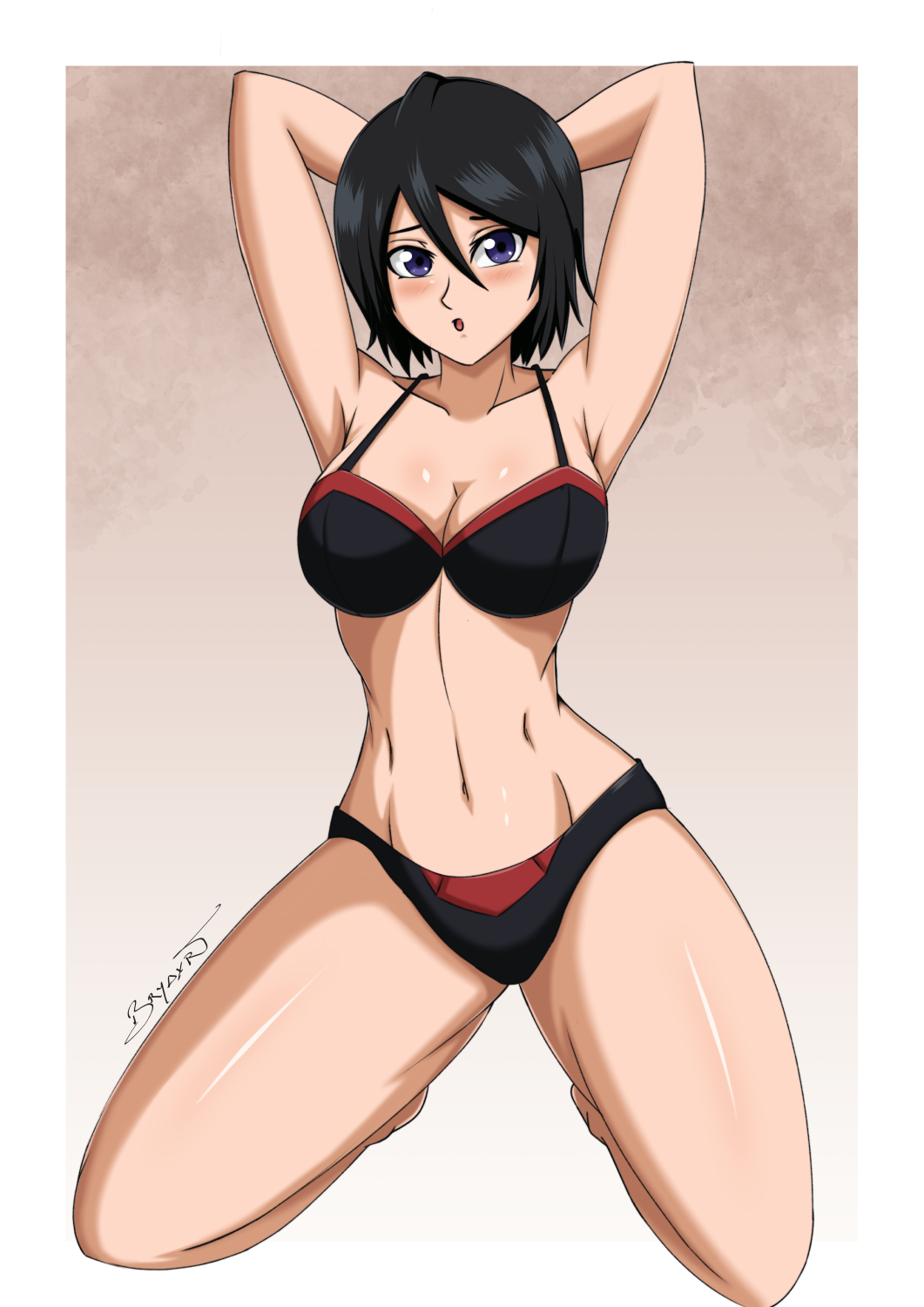 1girls alternate_breast_size armpits arms_behind_head arms_up bare_legs bare_shoulders barefoot black_hair bleach blush body_blush bra breasts bryaxrt cleavage collarbone curvaceous curvy curvy_female curvy_figure female female_only kneeling kuchiki_rukia light-skinned_female light_skin lingerie long_hair midriff open_mouth panties petite posing purple_eyes shiny shiny_hair shiny_skin shoulder_length_hair skindentation slim_waist solo solo_female underwear wide_hips