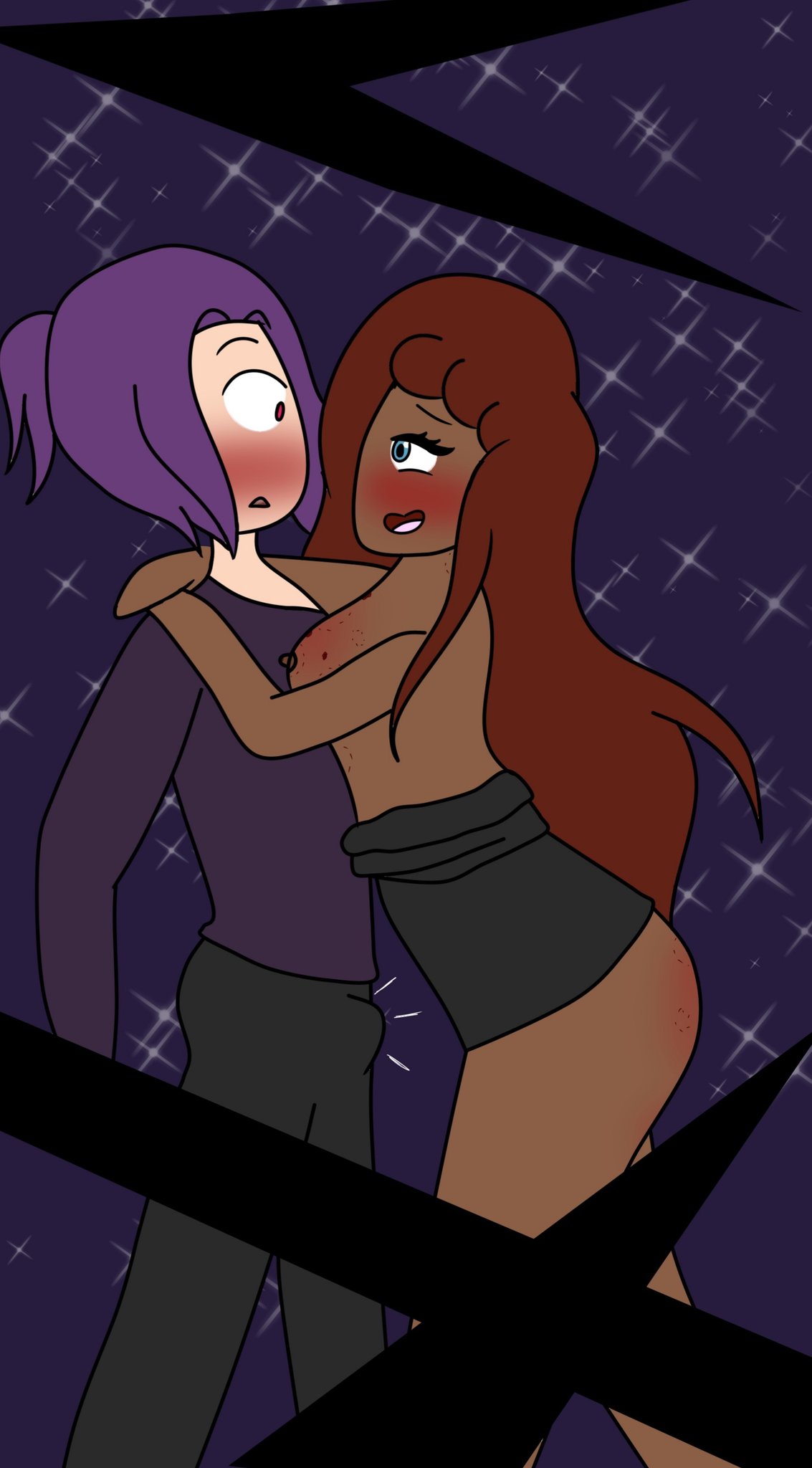 blue_eyes blush bonnie_(fnafhs) breasts dark_skin erection fnafhs fnafhs_z3ro hug red_eyes red_hair toddy_(fnafhs) trademark violet_hair