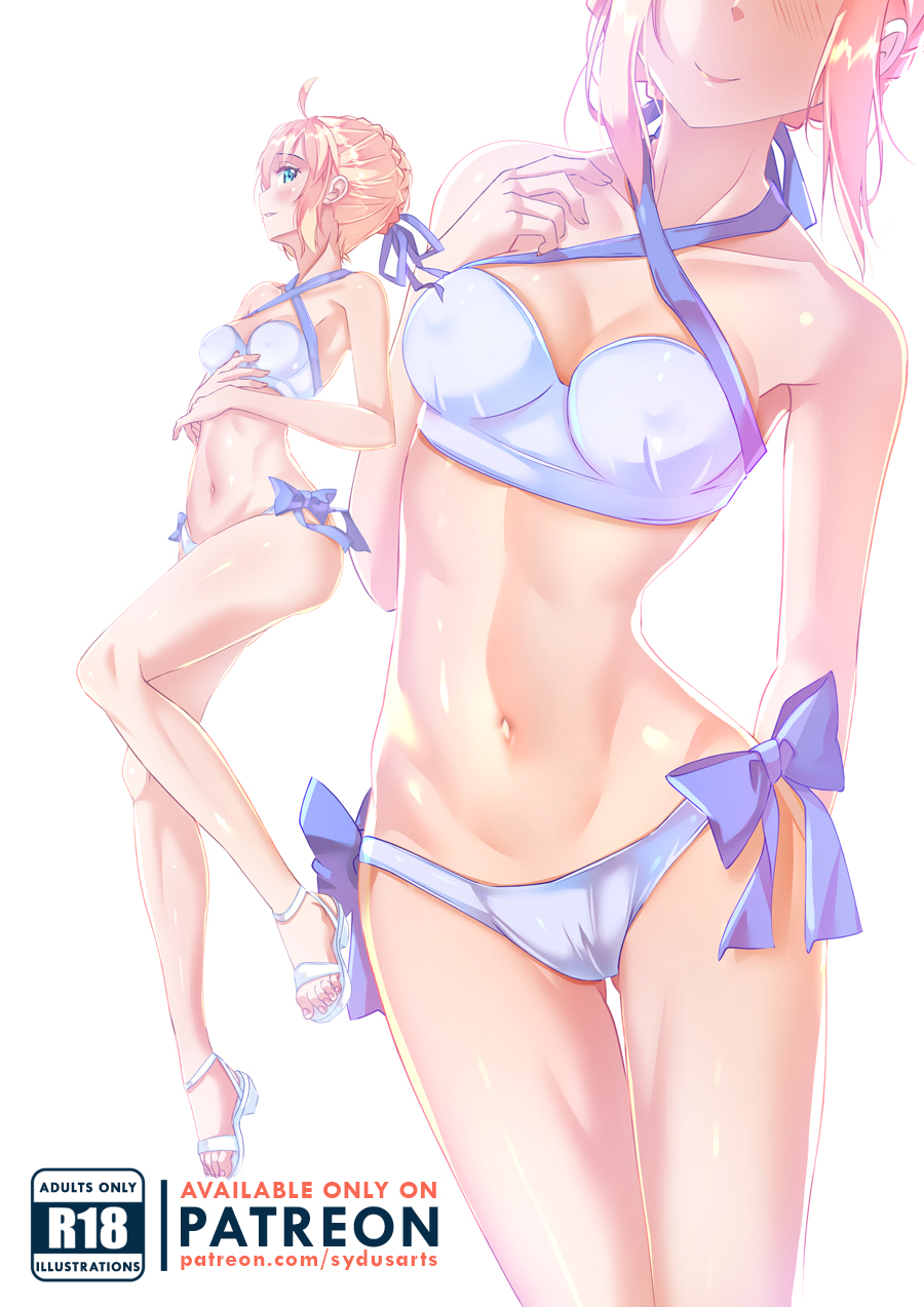 ahoge artoria_pendragon artoria_pendragon_(swimsuit_archer) bangs bare_shoulders bikini blonde_hair blue_bow blue_ribbon blush bow braid breasts clavicle closed_mouth criss-cross_halter fate/grand_order fate_(series) female french_braid green_eyes hair_between_eyes hair_in_hair halter_top halterneck high_resolution legs long_hair looking_at_viewer medium_breasts navel polka_dot_bikini ribbon sandals sidelocks simple_background smile solo swimsuit sydus tagme thigh_gap thighs tied_hair white_background white_bikini white_swimsuit