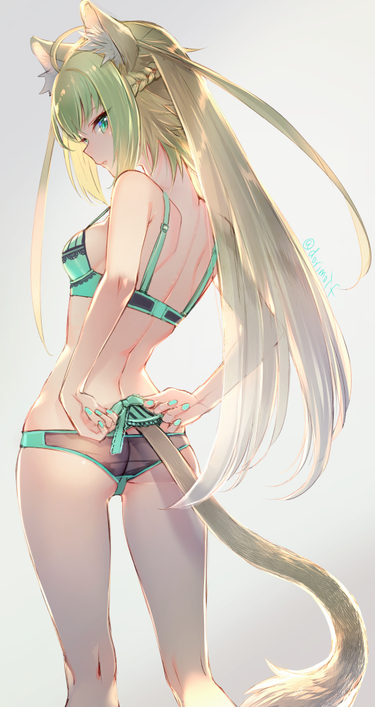 ahoge animal_ears aqua_bra aqua_eyes aqua_nails aqua_panties aqua_underwear arms_behind_back ass ass_cleavage atalanta_(fate) back bare_back bare_shoulders blonde_hair bra braid breasts butt_crack cat_tail crown_braid fate/apocrypha fate/grand_order fate_(series) female female_only from_behind gradient gradient_background green_bra green_eyes green_hair green_panties green_underwear hips lingerie long_hair looking_at_viewer looking_back lowleg lowleg_panties miyuki_ruria multicolored_hair nail_polish nape nekomimi pantsu parted_lips posterior_cleavage ribbon scapula see-through side_braid sideboob simple_background slender_waist small_breasts solo spine standing strap_gap tagme tail tail_ribbon thighs tied_hair tsurime twitter_username two-tone_hair two_side_up tying underwear underwear_only