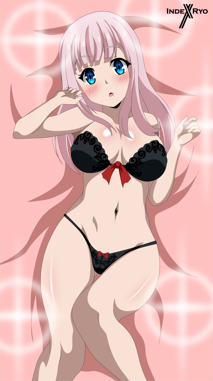 1girls absurdres bangs bare_shoulders bikini black_bikini blue_eyes blush breasts fujiwara_chika highres indexryo kaguya-sama_wa_kokurasetai_~tensai-tachi_no_renai_zunousen~ large_breasts long_hair open_mouth pink_hair pink_theme swimsuit tagme