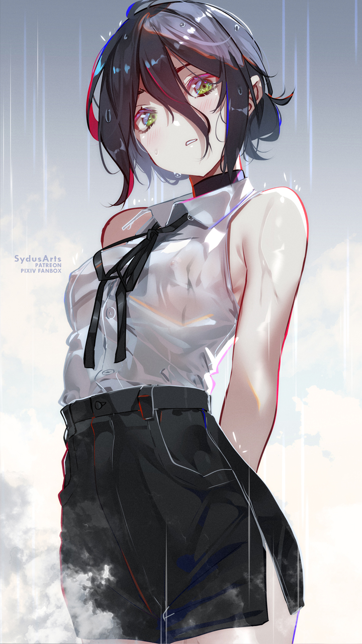 1girls, arms behind back, blush, breasts, chainsaw man, female, female only, looking at viewer, looking down, open mouth, rain, reze (chainsaw man), see-through, solo, sydus, wet, wet clothes, wet shirt