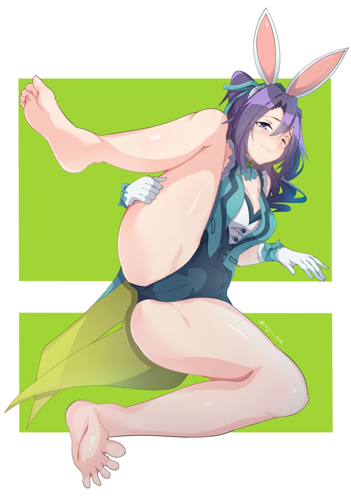 1girls ;) alternate_costume ass bare_legs barefoot bunny_ears bunny_girl bunnysuit cleavage easter fir_(fire_emblem) fir_(spring)_(fire_emblem) fire_emblem fire_emblem:_the_binding_blade fire_emblem_heroes gloves hair_between_eyes leotard looking_at_viewer medium_breasts medium_hair myumi nintendo on_side one_eye_closed partially_visible_vulva ponytail presenting purple_eyes purple_hair seductive smile solo spread_legs wink