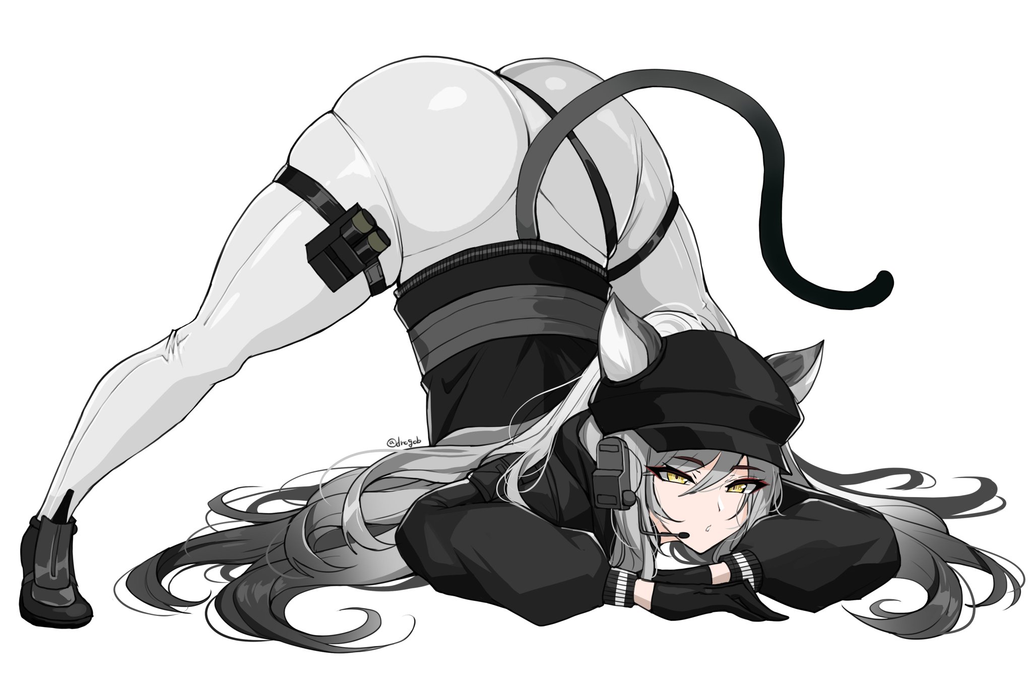 1girls, arknights, ass, big ass, big butt, cat ears, cat girl, cat tail, drogod (artist), earpiece, ears through headwear, female, grey hair, hat, huge ass, huge butt, jack-o pose, light skin, light-skinned female, long hair, looking up, pale skin, pale-skinned female, schwarz (arknights), schwarz (skyline) (arknights), solo, solo female, thick thighs, thigh strap, tight pants, voluptuous, yellow eyes