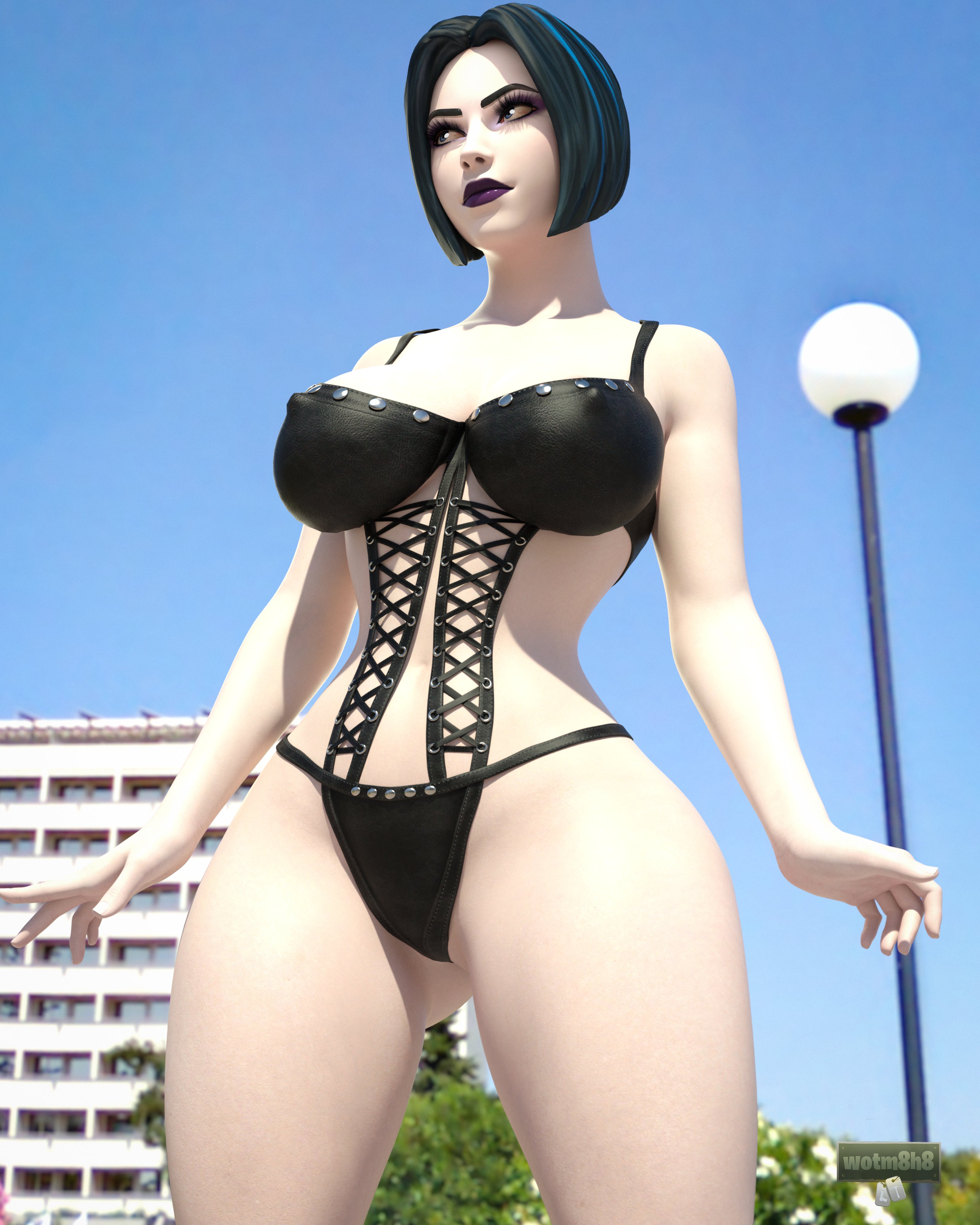 1girls, 3d, 3d (artwork), background, big breasts, black lingerie, breasts, dark blue hair, day, dc, dc comics, female, female only, fortnite, goth, goth girl, lingerie, lipstick, looking at viewer, looking up, nipple bulge, outside, rachel roth, raven (dc), raven (fortnite) (dc), solo, teen titans, thick thighs, titans, white body, white skin, wide hips, wotm8h8