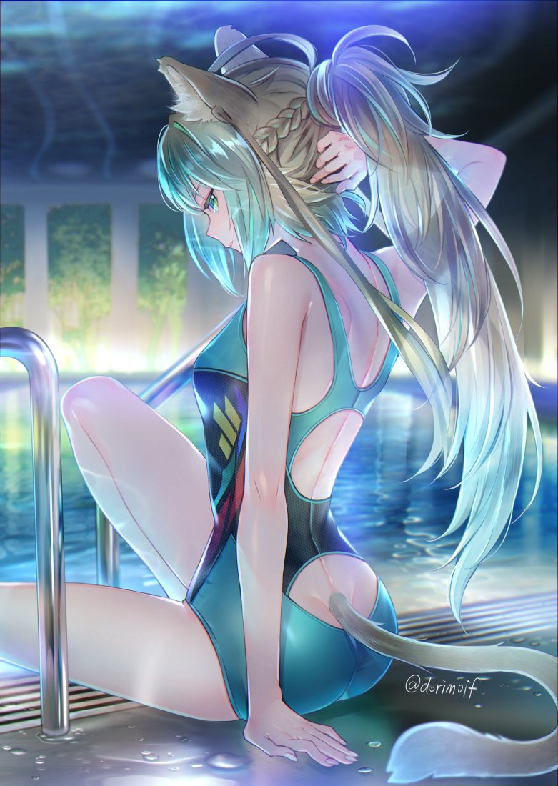 alternative_hairstyle animal_ears arm_behind_head arm_support ass atalanta atalanta_(fate) blonde_hair braid breasts cat_girl cat_tail competition_swimsuit fate/apocrypha fate/grand_order fate_(series) female from_behind green_eyes green_hair just_(eserin) kitsunemimi long_hair looking_at_viewer looking_to_the_side miyuki_ruria multicolored_hair nekomimi one-piece_swimsuit ponytail pool poolside sidelocks sitting small_breasts solo swimsuit tagme tail tank_suit tied_hair twitter_username two-tone_hair