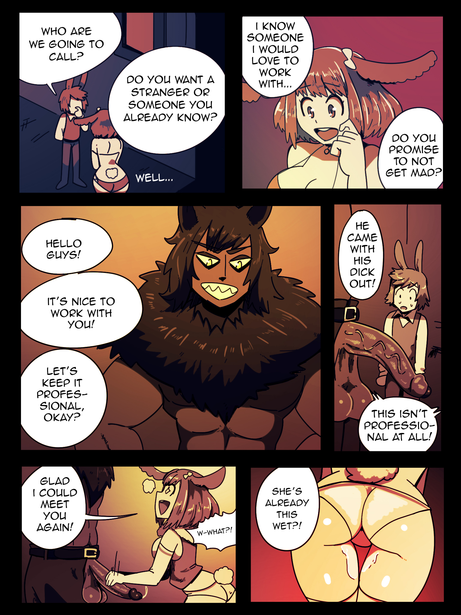 1girls, 2boys, balls, black fur, bunny boy, bunny ears, bunny girl, bunny tail, chest fur, comic, dark skin, dark-skinned male, dialogue, english text, female, hi res, humanoid, kiba (wolfgang bang), lagomorph humanoid, male, netorare, original, penis, penis out, speech bubble, sunny (wolfgang bang), tommy (wolfgang bang), veiny penis, wolf, wolf boy, wolf ears, wolf humanoid, wolfgang bang, year request