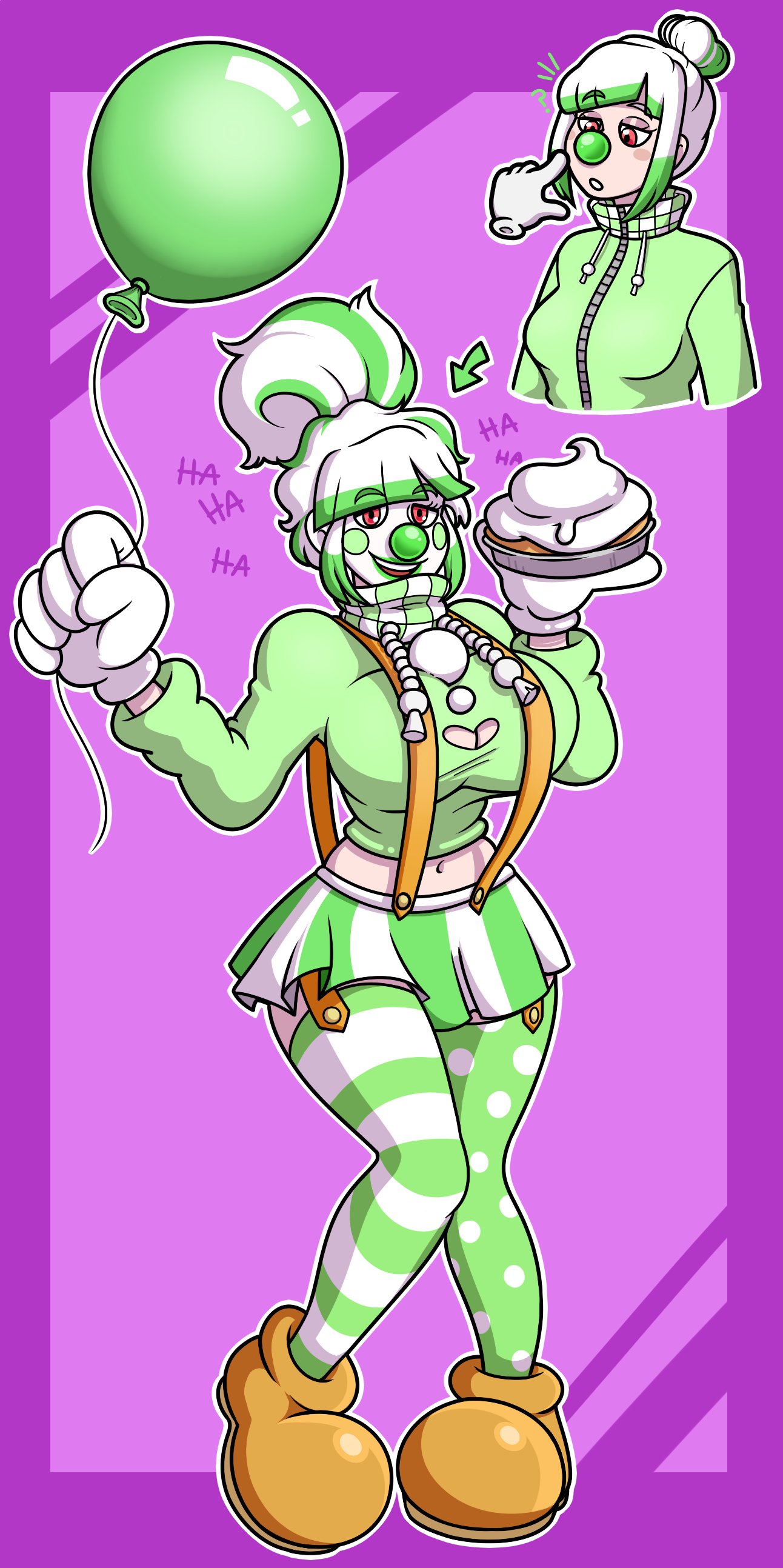 balloon breasts cloney clothed clown clown_girl clown_makeup clown_nose female green_hair highlights laugh laughing oc original_character red_eyes transformation white_hair xxcloneyxx