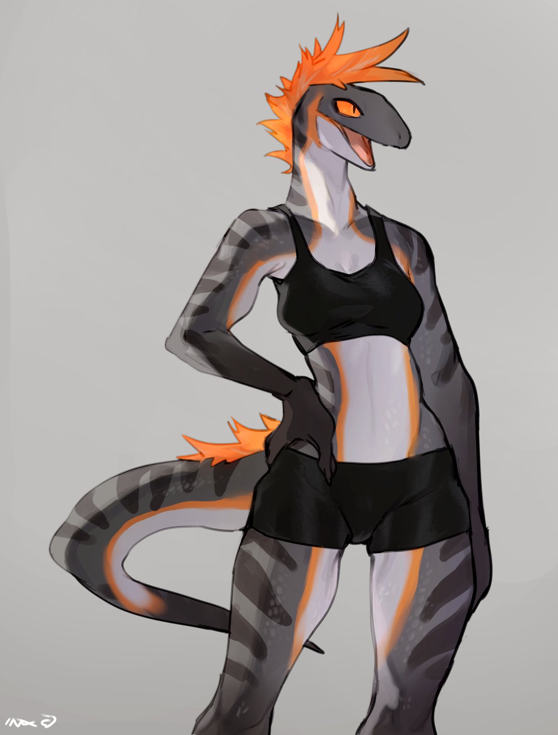 1girls, anthro, bebebebebe, countershading, female, female only, grey background, hand on hip, hi res, lizard, mohawk (hairstyle), open mouth, orange eyes, orange hair, reptile, scalie, slit pupils, sniffe (bebebebebe), solo, solo female, sportswear, tail