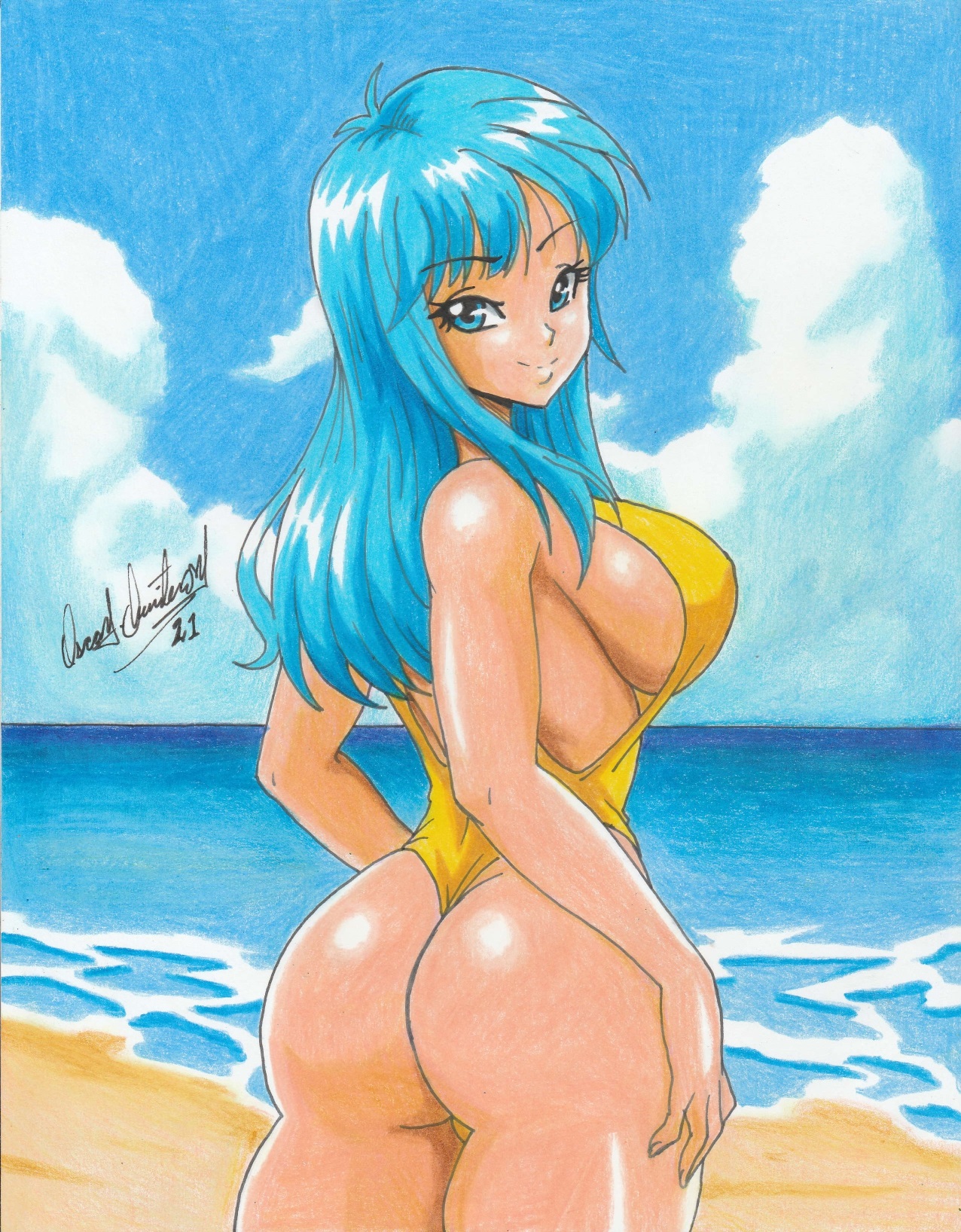 1girls, 2021, ass, beach, big ass, blue eyes, blue hair, breasts, dragon ball, female, female only, huge breasts, long hair, looking at viewer, looking back, maron, one-piece swimsuit, pencil (artwork), ravern clouk, seaside, sideboob, smile, solo, solo female, swimsuit, tagme, thick, thick ass, thick thighs, thong bikini