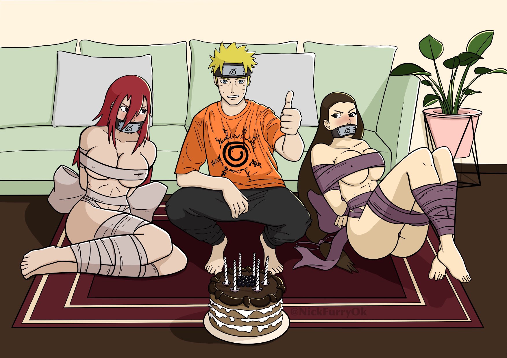 1boy, 2girls, arms behind back, birthday, birthday cake, black eyes, black hair, blue eyes, blush, bondage, cake, clothed male nude female, erection, feet, female, forehead protector, gag, headband, improvised gag, indoors, kin tsuchi, konohagakure symbol, legs together, long hair, looking at viewer, male, multiple females, multiple girls, naruto, naruto (classic), naruto (series), naruto shippuden, nick furry, nipples, present, red hair, ribbon, short hair, sitting, squatting, tayuya, thumbs up, tied up, uzumaki naruto, very long hair, yellow hair