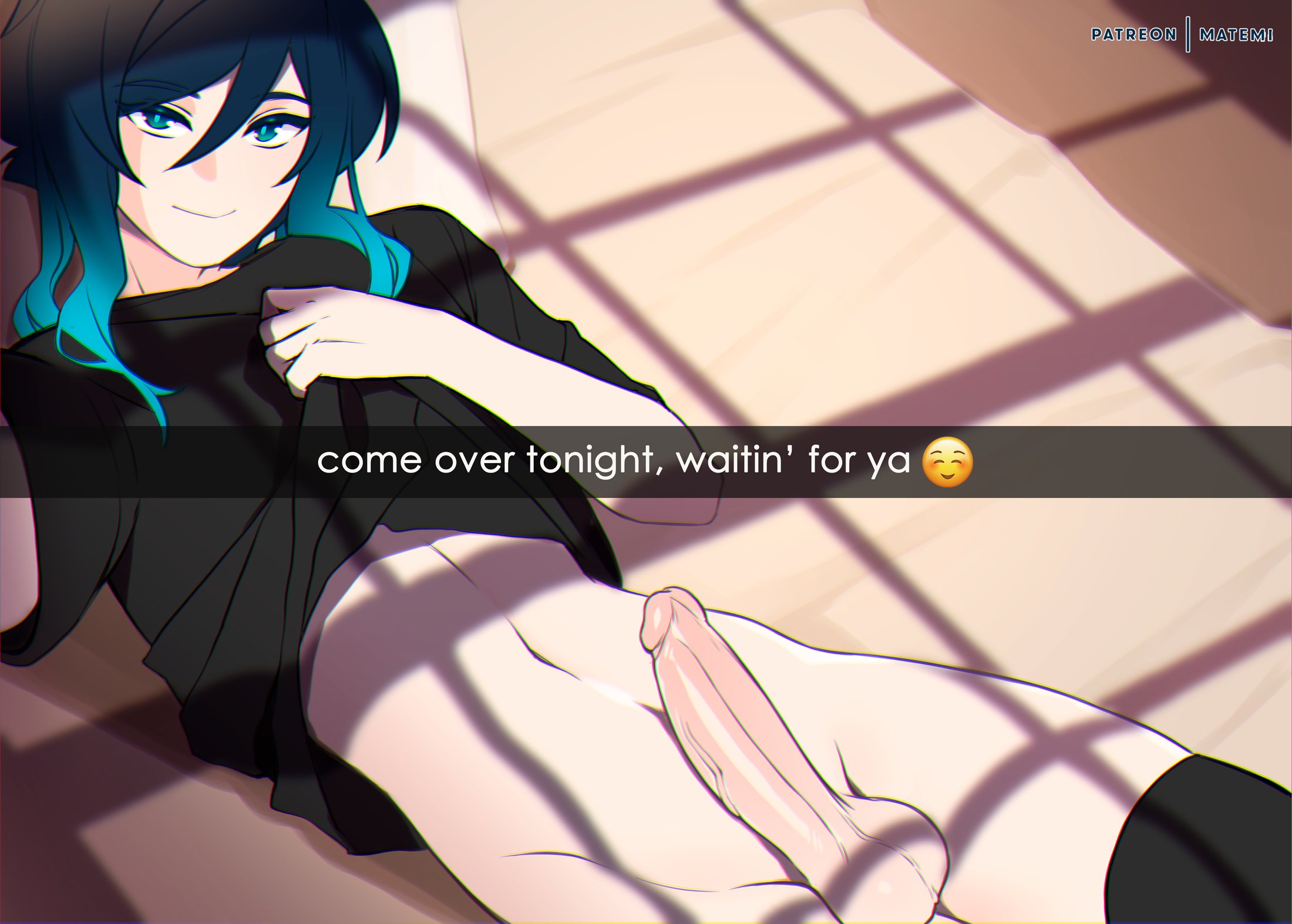 1boy, balls, big penis, black hair, bottomless, clothed, clothing, cute male, femboy, flashing, genshin impact, human, light skin, long hair, looking at viewer, male, male only, matemi, pale skin, partially clothed, penis, photo, selfie, solo, solo focus, solo male, text, venti (genshin impact)
