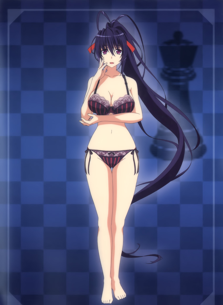 absurdres akeno_himejima antenna_hair barefoot black_hair bra breasts chess_piece cleavage female female_focus full_body hair_ribbon high_school_dxd highres large_breasts long_hair midriff navel orange_ribbon panties ponytail purple_eyes queen_(chess) ribbon solo standing string_panties striped striped_panties underwear underwear_only