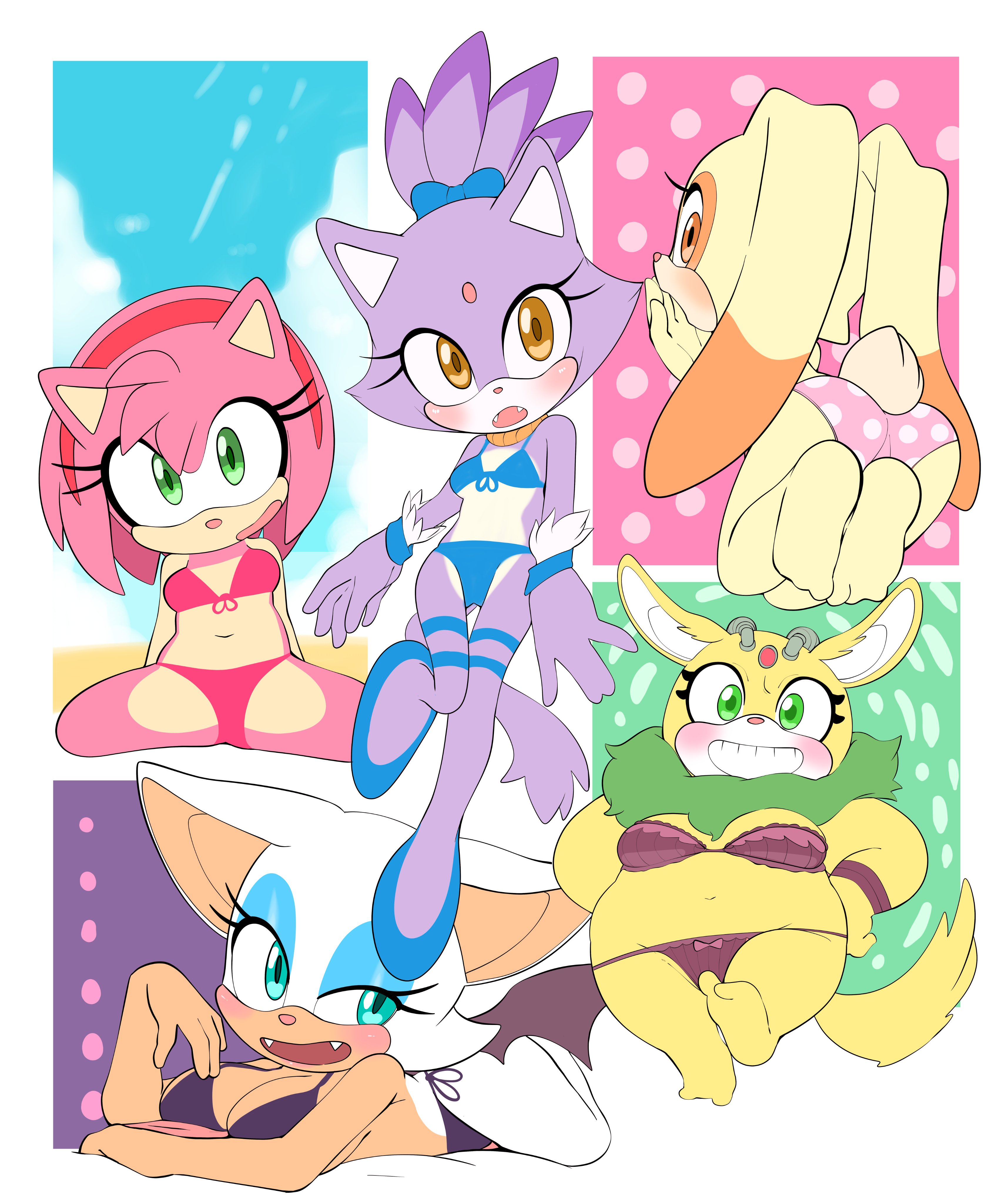 5girls, amy rose, bikini, blaze the cat, cream the rabbit, female, fur, rouge the bat, sonic (series), sonic the hedgehog (comics), sonic the hedgehog (series), swimwear, thunderbolt the chinchilla, tory (tory29), uyu