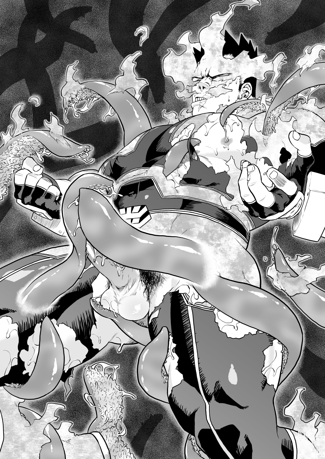 1boy ass_visible_through_thighs bar_censor bara bare_pectorals bodysuit bound bound_legs censored endeavor_(my_hero_academia) enji_todoroki erection facial_hair greyscale highres large_pectorals male_focus male_only mature_male monochrome muscular muscular_male my_hero_academia nipples pain-lucky777 pectorals penis precum pubic_hair scar scar_across_eye short_hair sideburns solo spiked_hair spread_legs stubble tentacle tentacle_on_male tentacle_sex tentacles_on_male testicles textless thick_thighs thighs torn_bodysuit torn_clothes veins veiny_penis