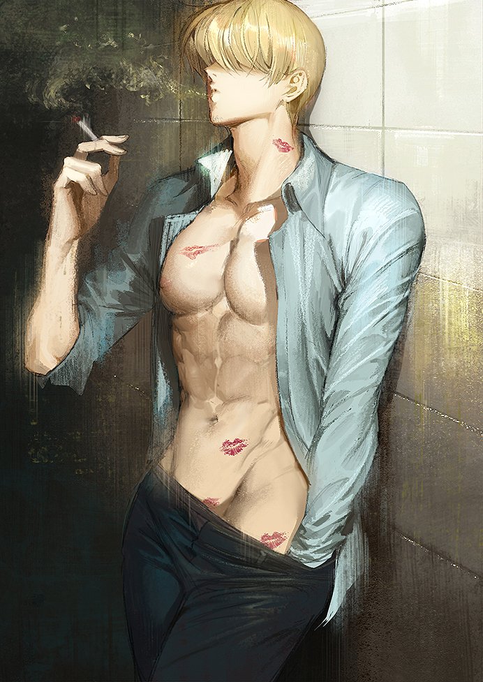 1boy abs against_wall blonde_hair kiss_mark light-skinned_male lipstick_mark looking_up male_focus male_only muscle muscular_male neck nori31291404 one_piece pants_down smoking solo_male standing vinsmoke_sanji