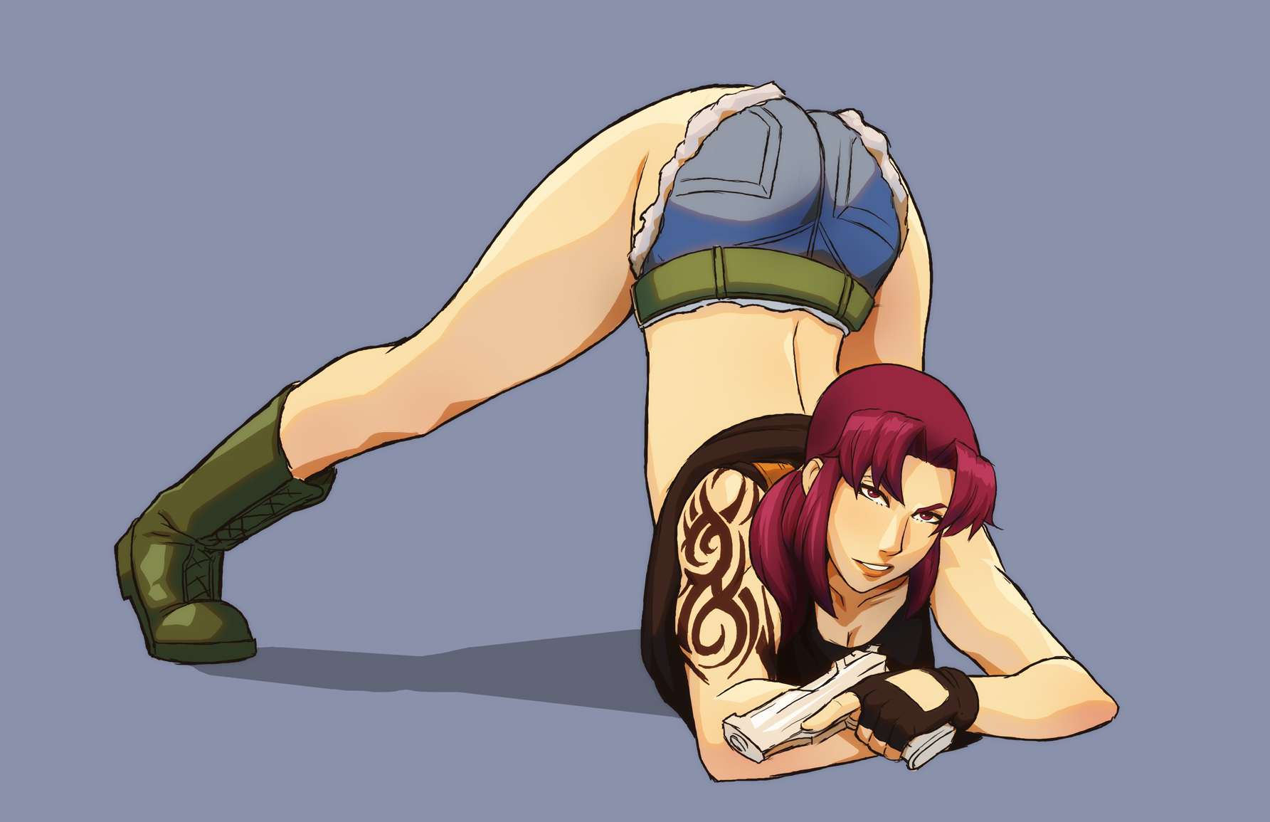 1girls, arm tattoo, ass, ass up, belt, big ass, black lagoon, boots, clothed female, color, colored, cutoffs, daisy dukes, denim shorts, face down ass up, female, female only, fingerless gloves, firearm, fully clothed, gloves, gun, holding object, holding weapon, human, human only, jack-o pose, jean shorts, light skin, light-skinned female, long hair, looking at viewer, naavs, pistol, purple hair, red eyes, revy, shoes, shorts, solo, tank top, tattoo