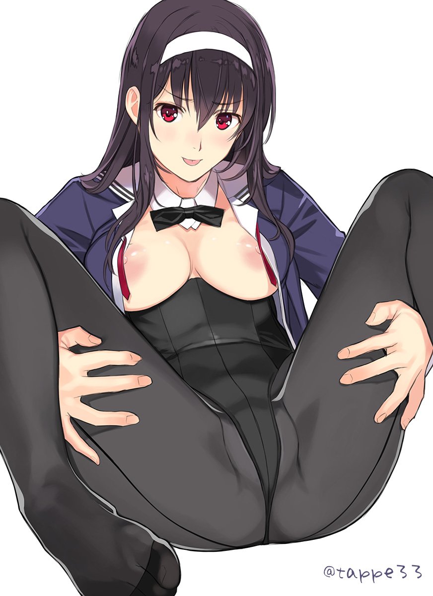 areola_slip areolae black_hair black_legwear black_leotard blue_jacket bowtie breast_slip breasts breasts_out_of_clothes bunnysuit cropped_jacket detached_collar feet female hair_between_eyes hairband high_resolution jacket kasumigaoka_utaha large_breasts legs leotard long_hair looking_at_viewer mibu_natsuki neck nipple_slip nipples no_shoes nopan pantyhose red_eyes saenai_heroine_no_sodatekata school_uniform simple_background solo spread_legs tagme tongue tongue_out twitter_username wardrobe_malfunction white_background white_hair_ornament white_hairband