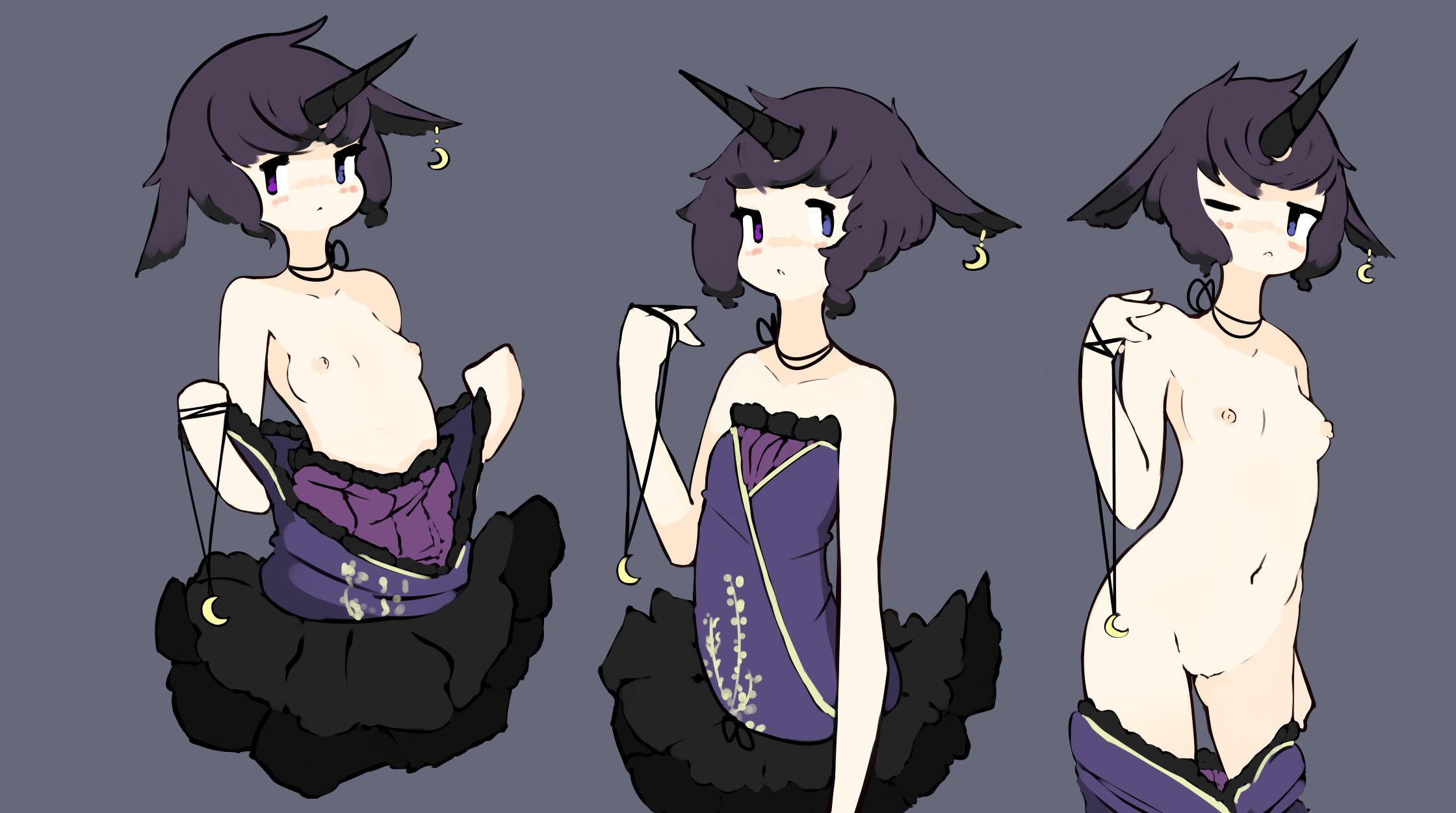 1girls, 2d, blush, breasts, dress, earrings, exposed breasts, female, female only, grey background, horn, multicolored eyes, necklace, nude, nude female, original, purple eyes, purple hair, pussy, short hair, small breasts, solid color background, solo, solo female, stripping, undressing, wink, zako sketch