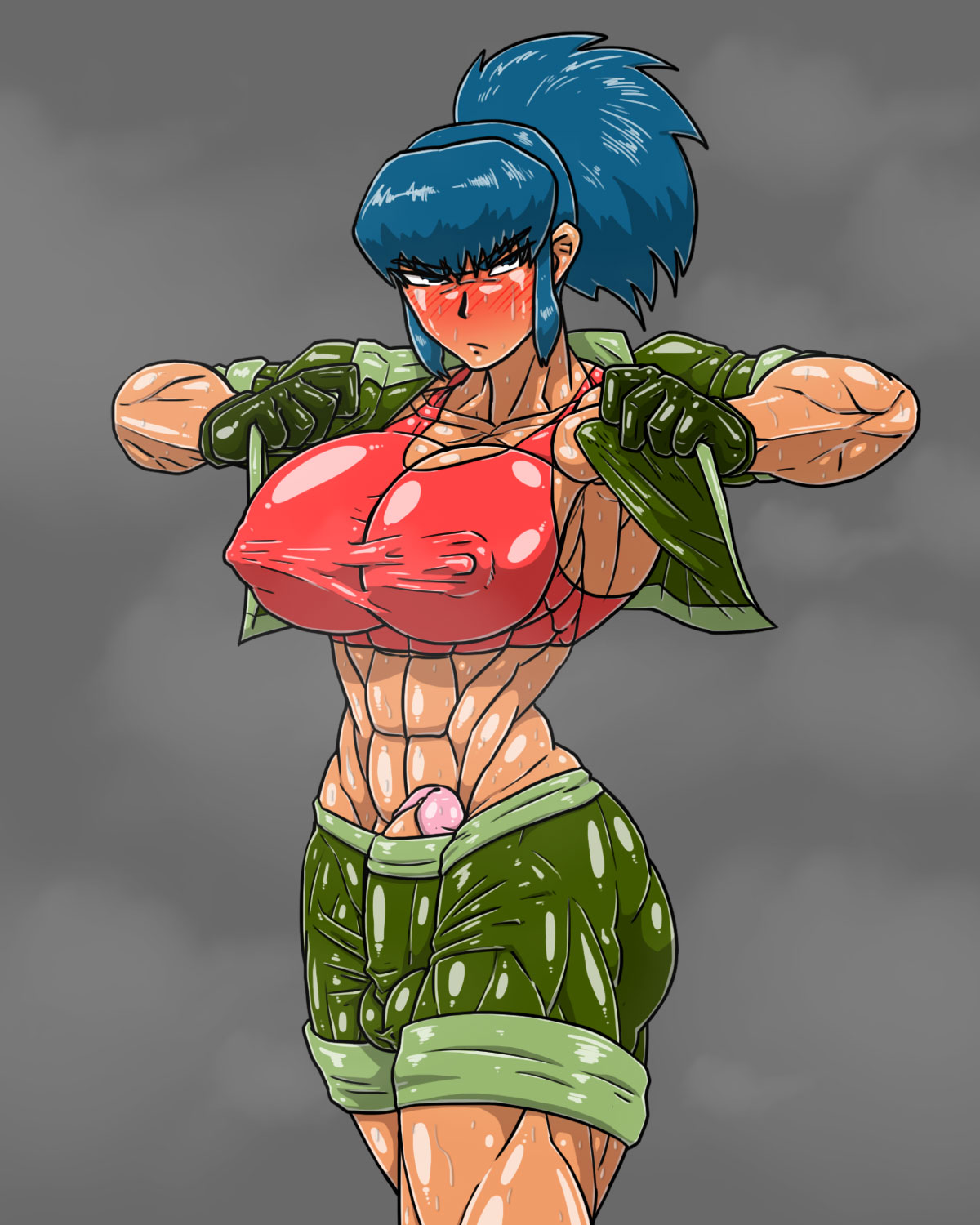 1futa allesey balls big_breasts big_penis blue_hair breasts clothed clothing dickgirl erection erection_under_clothes futa_only futanari gloves human intersex king_of_fighters leona_heidern mostly_clothed muscles muscular_futanari nipples_visible_through_clothing penis penis_slip snk standing tan