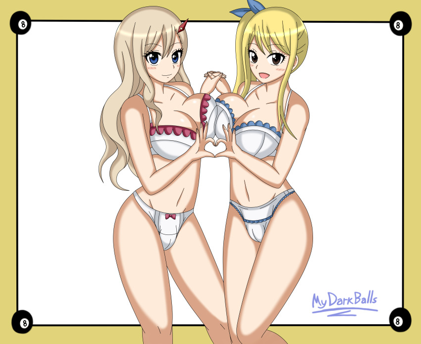 2girls, absurdres, blonde hair, blonde-haired female, breasts, cleavage, crossover, dress, edens zero, fairy tail, female, female only, highres, huge breasts, large breasts, long dress, long hair, lucy heartfilia, multiple females, multiple girls, mydarkballs, rebecca bluegarden