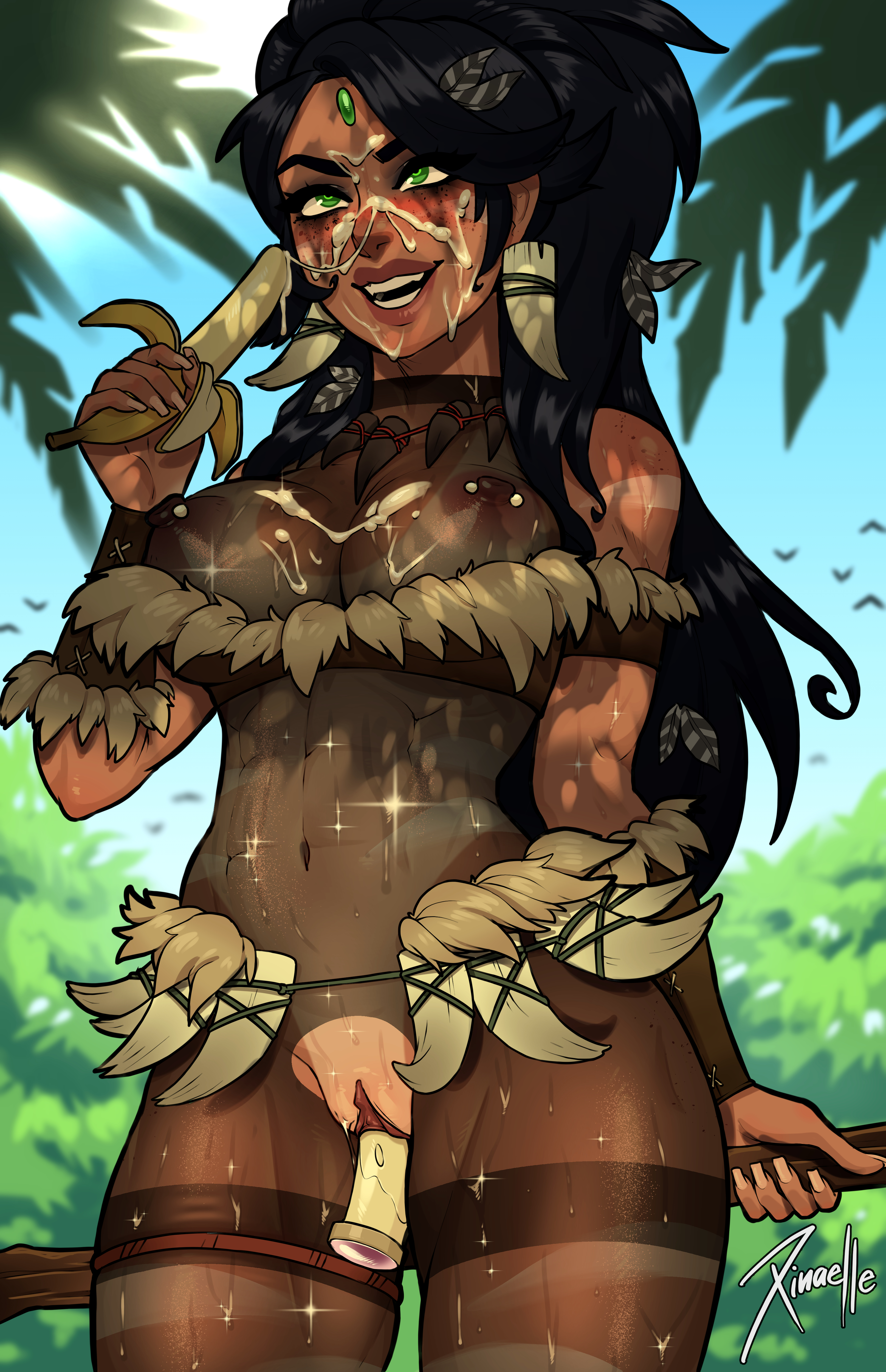 ahe gao, banana, big breasts, blush, body freckles, bodypaint, bodysuit, breasts, cum, cum on body, cum on face, dark hair, dark skin, dark-skinned female, dildo in pussy, female, freckles, green eyes, league of legends, nidalee, open mouth, orgasm, pierced nipples, piercing, pubic hair, pussy, rolling eyes, runny makeup, solo female, torn bodysuit, xinaelle