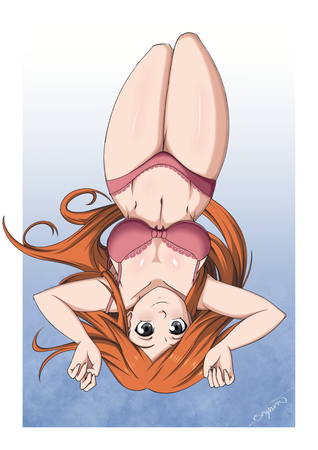 1girls arms_up big_breasts black_eyes bleach blush body_blush bra breasts bryaxrt busty cleavage curvaceous curvy curvy_body curvy_figure female female_only front_view inoue_orihime knees_up light-skinned_female light_skin long_hair looking_at_viewer lying lying_on_back midriff on_back orange_hair panties shiny shiny_hair shiny_skin skindentation smile solo solo_focus very_long_hair wide_hips