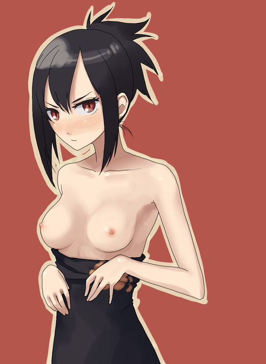 angry black_dress black_hair blush dress dress_down female hair_up medium_breasts nanatsu_no_miya no_bra outline ramshin_(sacred_blaze) red_background red_eyes sacred_blaze short_hair solo