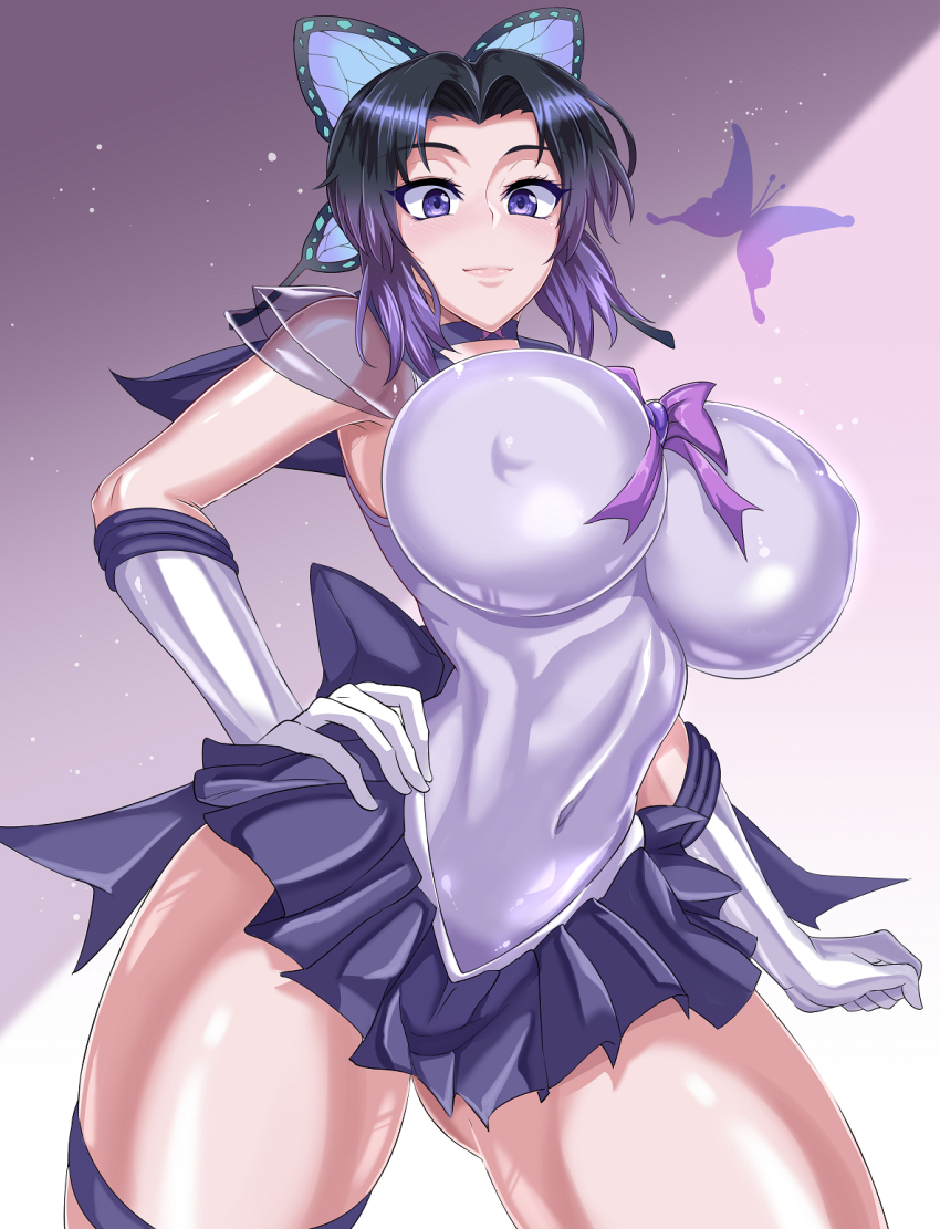 1girls alternate_costume big_breasts bishoujo_senshi_sailor_moon black_hair breasts butterfly_hair_ornament clothing cosplay demon_slayer favorite female female_only jet_puri kimetsu_no_yaiba kochou_shinobu large_breasts nipple_bulge purple_eyes purple_hair sailor_senshi_uniform skirt solo solo_female tagme thigh_strap two_tone_hair voluptuous