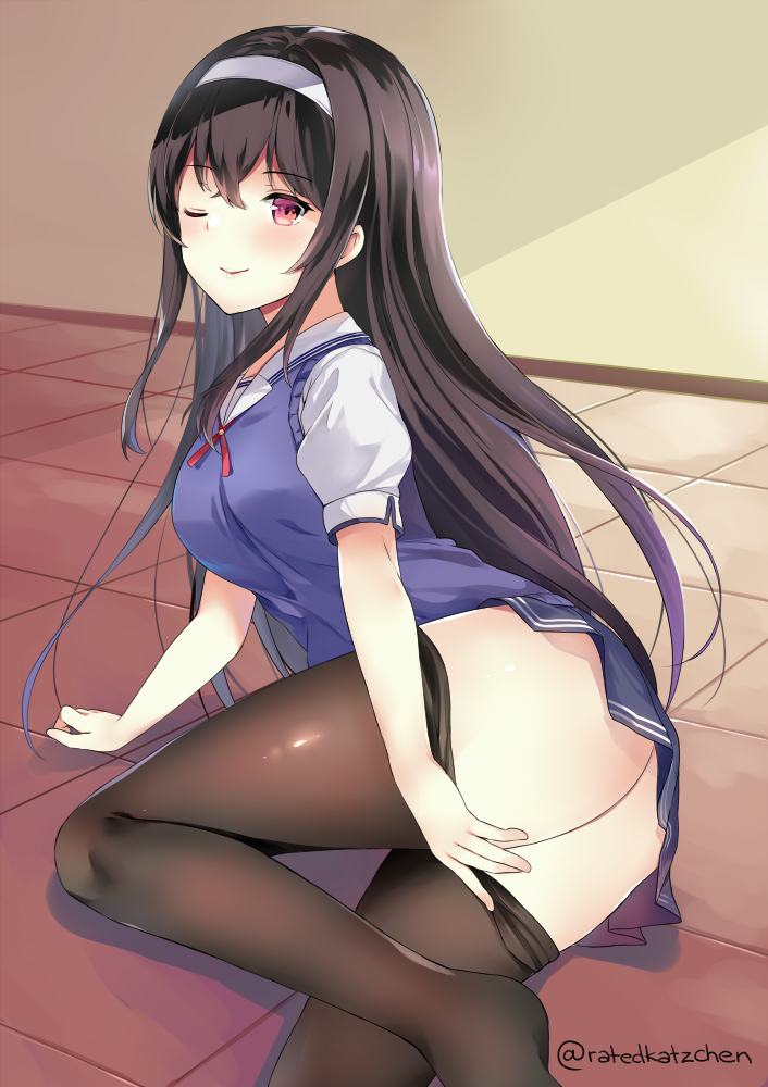 ;) ass bangs black_hair black_legwear blush breasts closed_mouth eyebrows_visible_through_hair female hair hairband indoors kaetzchen kasumigaoka_utaha katzchen large_breasts long_hair looking_at_viewer no_shoes on_floor one_eye_closed pantyhose pantyhose_pull pulled_by_self red_eyes saenai_heroine_no_sodatekata school_uniform smile solo sweater_vest tagme tile_floor tiles very_long_hair white_hair_ornament white_hairband wink