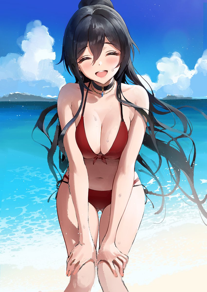 :d ameyame bare_arms bare_shoulders beach bikini black_choker black_hair breasts choker cleavage closed_eyes day facing_viewer female front-tie_bikini front-tie_top hands_on_own_thighs highres idolmaster idolmaster_shiny_colors jewelry large_breasts leaning_forward long_hair looking_at_viewer multi-strapped_bikini navel necklace ocean open_mouth outdoors ponytail red_bikini shirase_sakuya side-tie_bikini smile solo stomach string_bikini swimsuit tagme thighs very_long_hair water wet