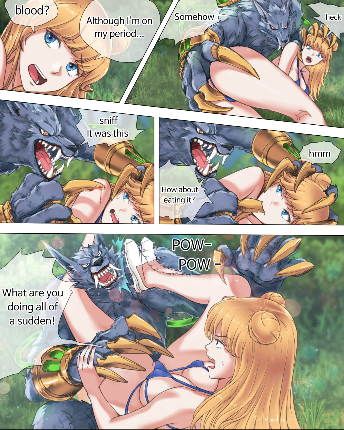 big breasts, blonde hair, blue eyes, breasts, censored, claws, fangs, female, fight, fingering, forced, forest, large breasts, league of legends, luxanna crownguard, manhwa, micro bikini, mosaic censoring, pingya, posing, rape, smooth skin, space groove lux, space groove series, surprised, warwick, werewolf