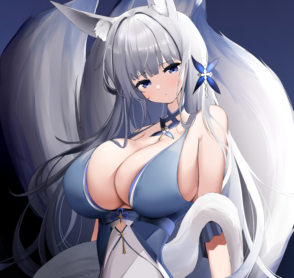 1girls, alternate costume, animal ears, azur lane, breasts, cleavage, clothed, clothing, female, female only, fox ears, fox girl, fox tails, huge breasts, light skin, light-skinned female, looking at viewer, multi tail, nicorima, official alternate costume, sakura empire (azur lane), shinano (azur lane), shinano (dreams of the hazy moon) (azur lane), solo, tail, tails