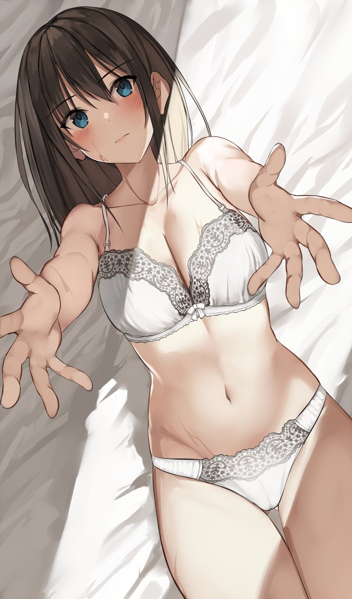 bare arms, bare shoulders, blue eyes, bra, breasts, brown hair, cleavage, expressionless, female, foreshortening, gluteal fold, groin, highres, kureha (ironika), large breasts, long hair, looking at viewer, lying, navel, on back, original, outstretched arms, panties, reaching out, solo, stomach, sweat, thigh gap, thighs, tsubasa (kureha), underwear, underwear only, white bra, white panties