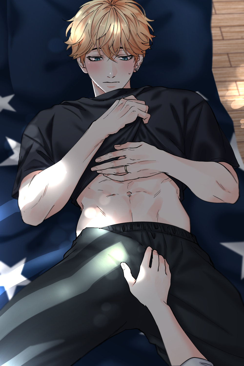 abs blonde_hair blue_eyes blush bulge erection erection_under_clothes female_pov grabbing_penis hand_on_penis kiro_kira light-skinned_male love_and_producer male_focus male_only straight zhou_qiluo