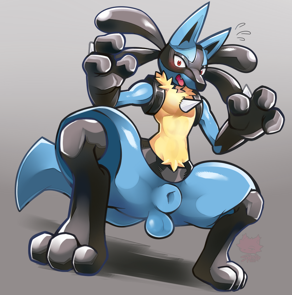 3_fingers 3_toes animal_genitalia anthro balls blue_balls blue_sheath canid canine canis crouching darkluxia feet feral fingers fully_sheathed fur furry furry_only genitals looking_at_viewer lucario male male_only nintendo pokemon pokemon_(species) red_eyes sheath solo surprised_expression tail toes video_games