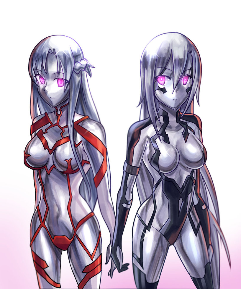 2girls assimilation drone droneification empty_eyes expressionless female gender_transformation genderswap genderswap_(mtf) ibenz009 identity_death kirigaya_kazuto metal metal_body metal_breasts metal_girl metal_hair metal_skin metal_transformation metallic_body mind_control mtf_transformation multiple_girls pink_eyes post_transformation robot robot_girl robotization rule_63 shiny shiny_hair shiny_skin sword_art_online sword_art_online:_phantom_bullet transformation yuuki_asuna