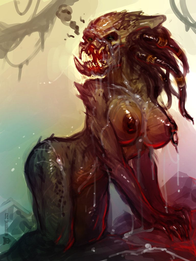 1girls, 2d, alien, alien girl, ass, big ass, big breasts, big nipples, breasts, busty, cum, cum drip, cum on body, cum on breasts, cum on face, female, female only, female yautja, green skin, monster, monster girl, neurodyne, nipples, predator (franchise), sharp teeth, solo, solo female, thick thighs, yautja