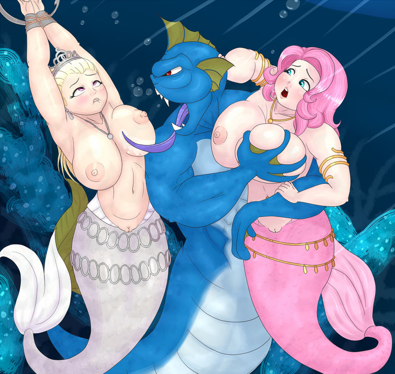 1boy 2girls biting_lip blonde_hair bondage breast_grab breasts bubbles cyan_eyes dragon_quest dragon_quest_xi huge_breasts large_breasts licking licking_breast mermaid merman michelle_(dq11) monster monster_girl monster_rape nipples open_mouth pink_hair purple_eyes queen_marina_(dq11) restrained_arms straight underwater underwater_sex water yuuufa